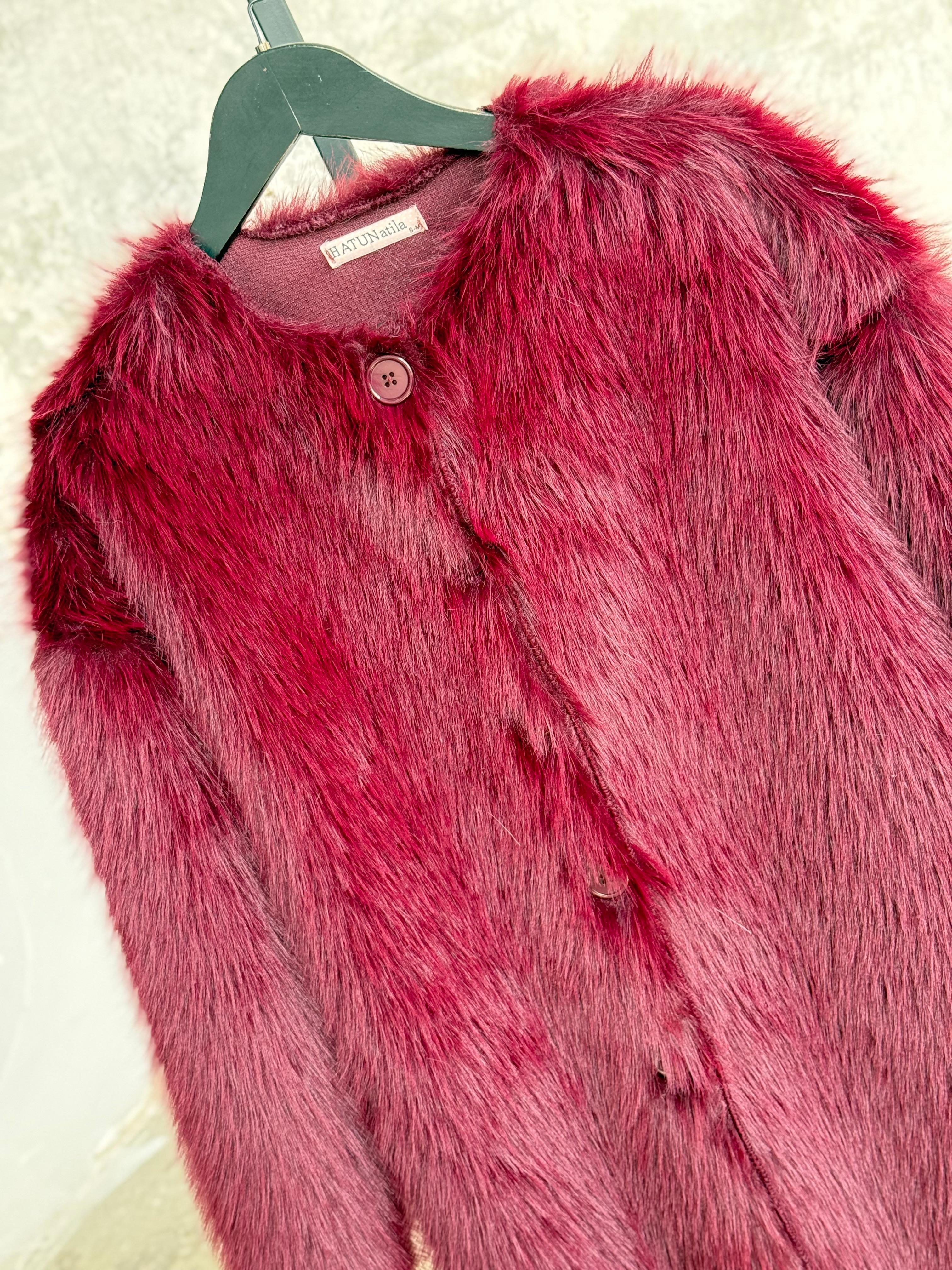 Premium Oversize Peluş Kürk Ceket (Bordo) 