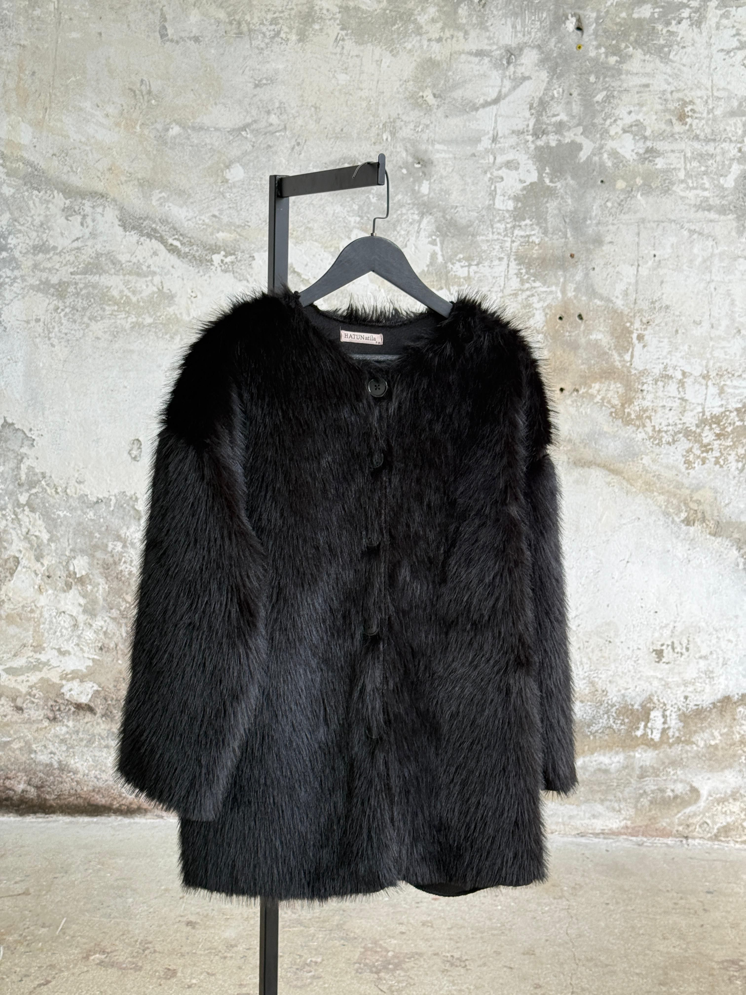 Premium Oversize Peluş Kürk Ceket (Siyah) 