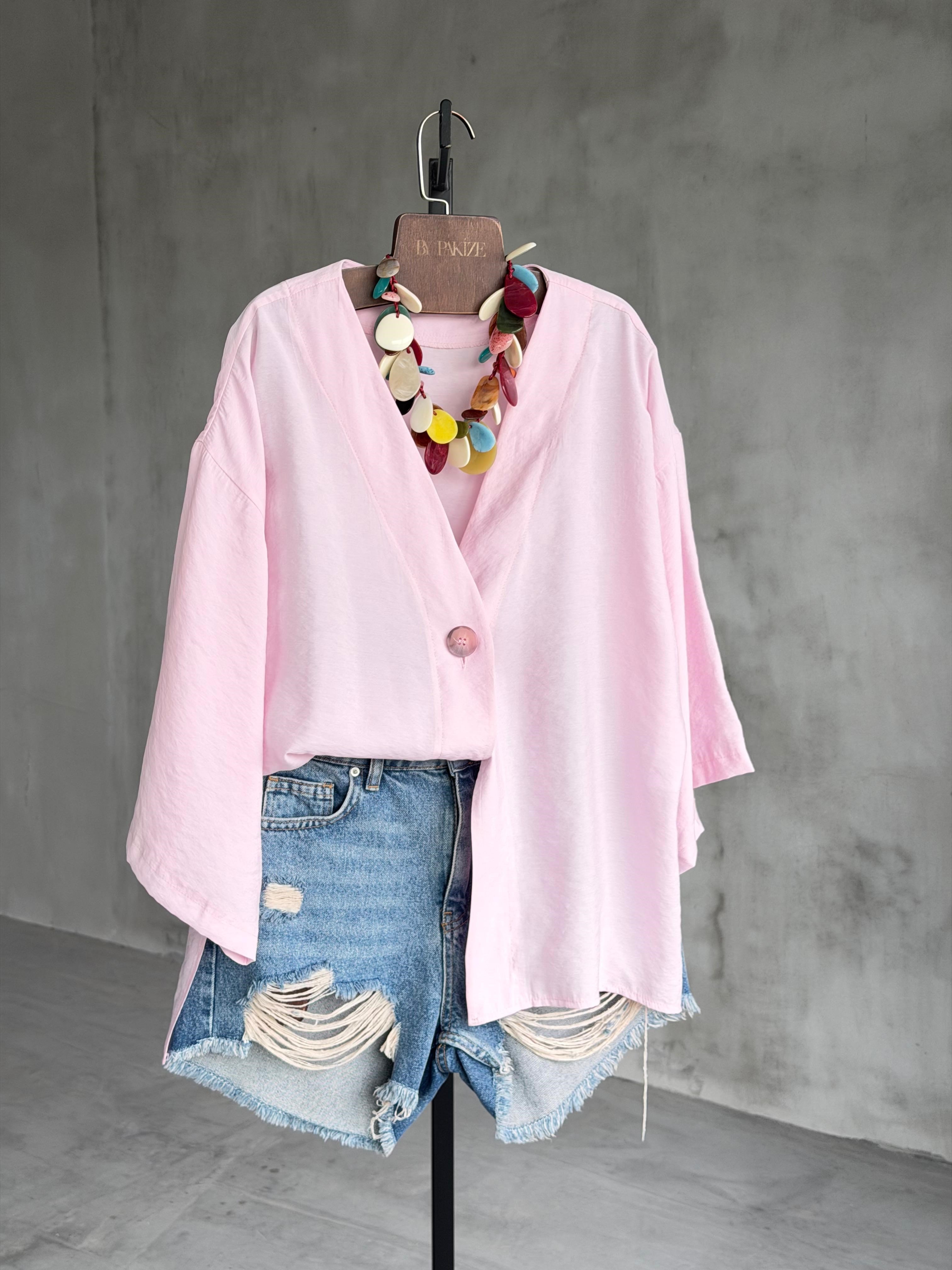 Premium Tensel Tek Düğme Yan Yırtmaç Gömlek (Pembe)