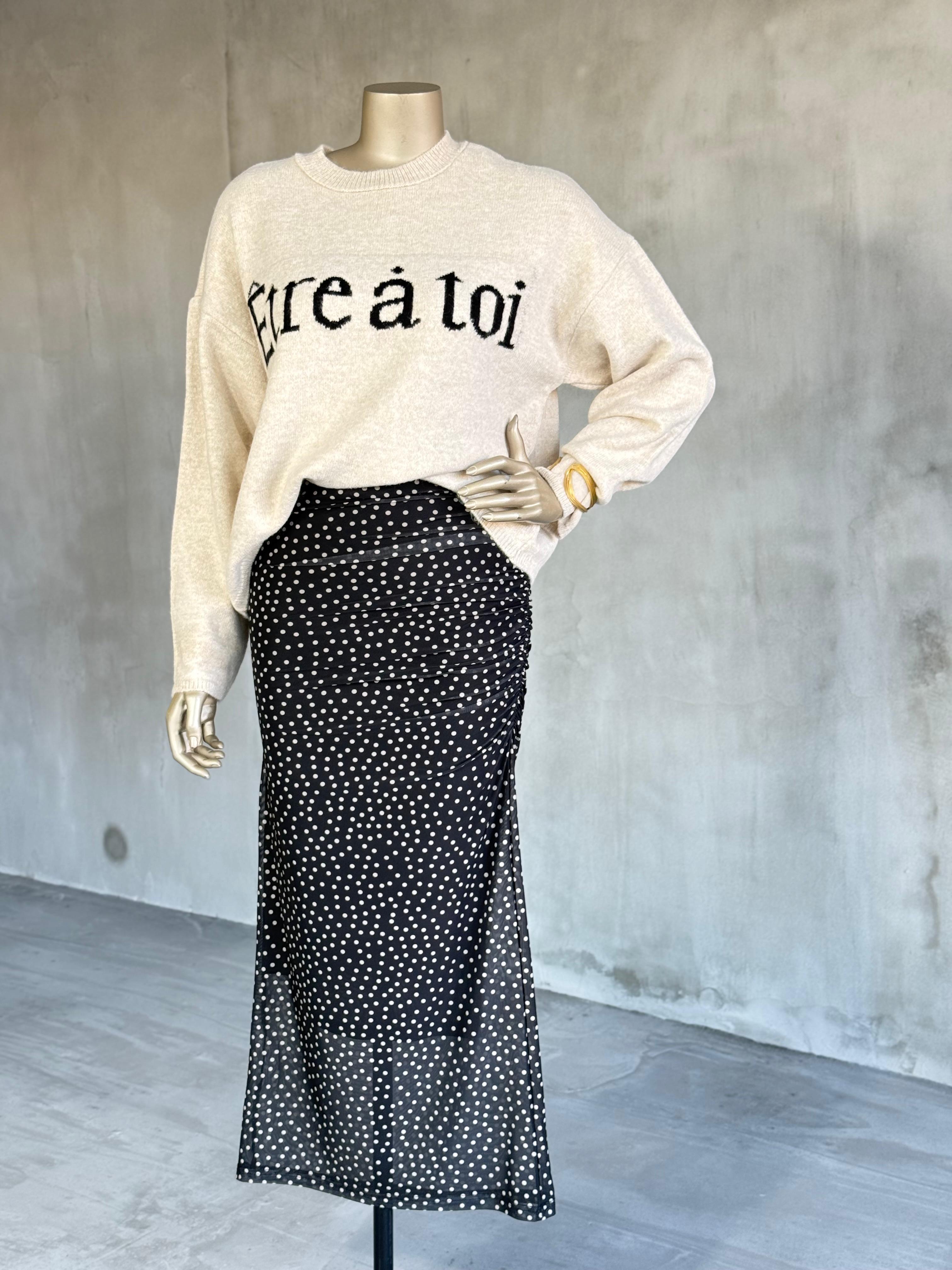 Puantiyeli Drape Detaylı Transparan Midi Etek (Siyah)