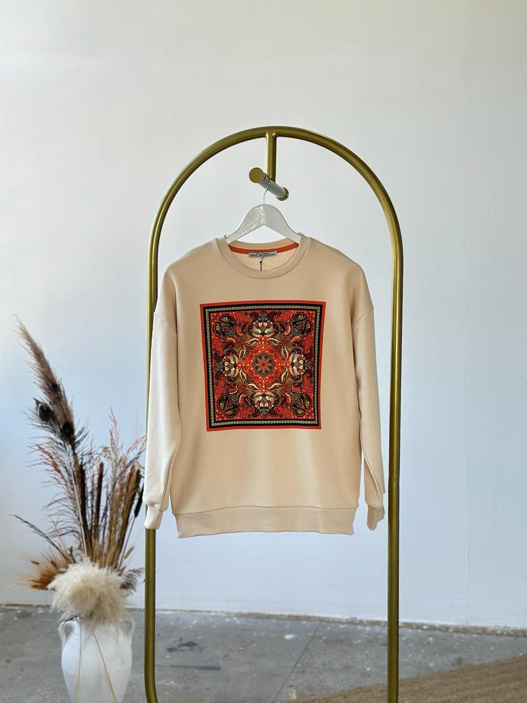 Pul Payet İşlemeli Etnik Desenli Sweat (Bej)