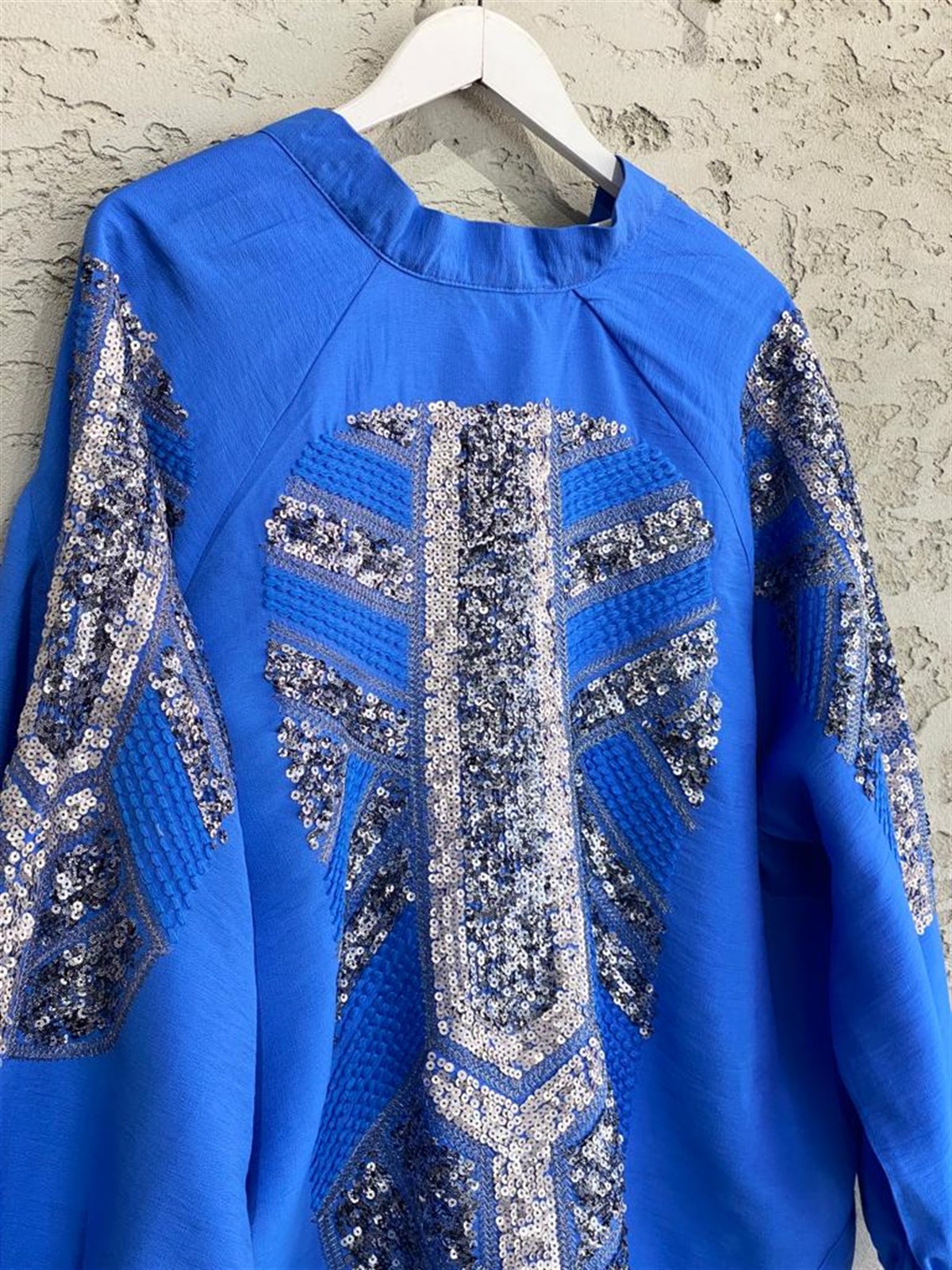 Pul Payet İşlemeli Mavi Keten Kimono