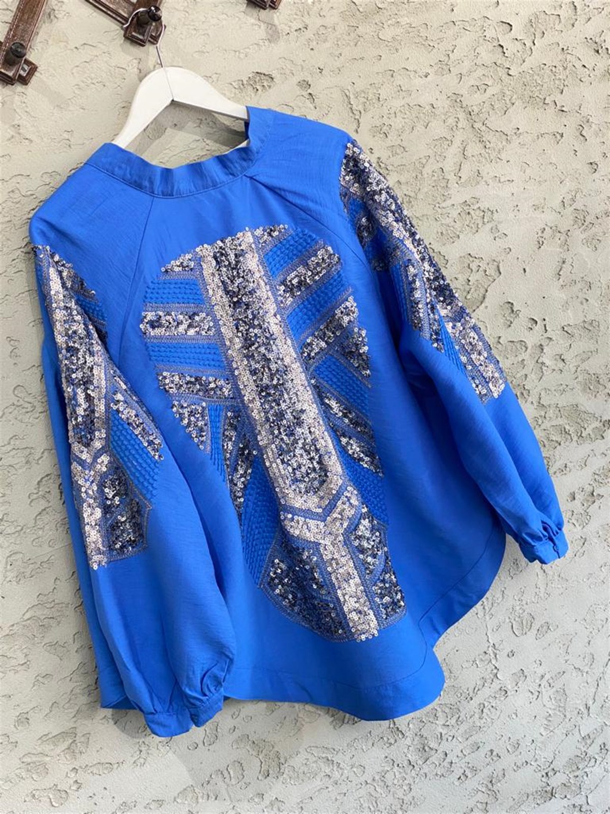 Pul Payet İşlemeli Mavi Keten Kimono