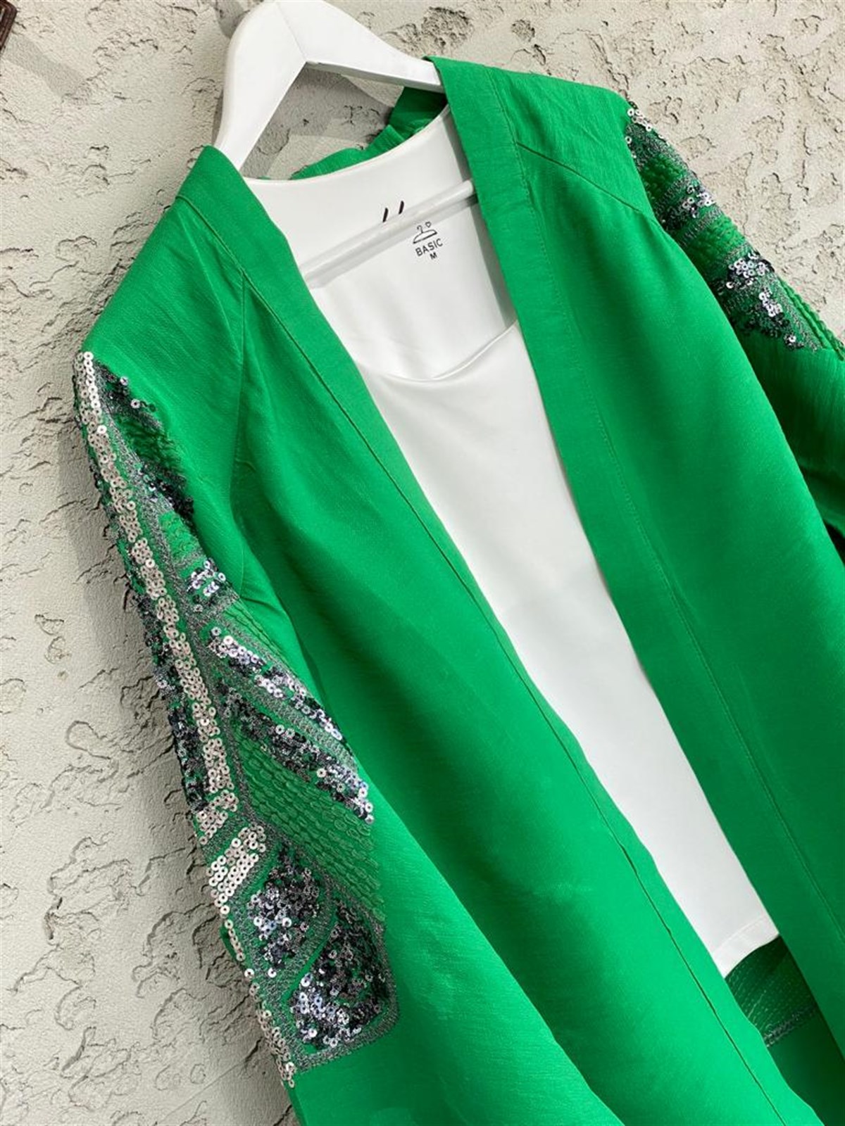 Pul Payet İşlemeli Yeşil Keten Kimono