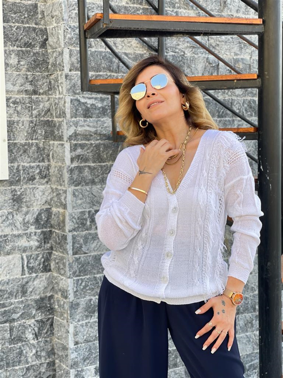 Püsküllü Merserize Hırka (Beyaz)