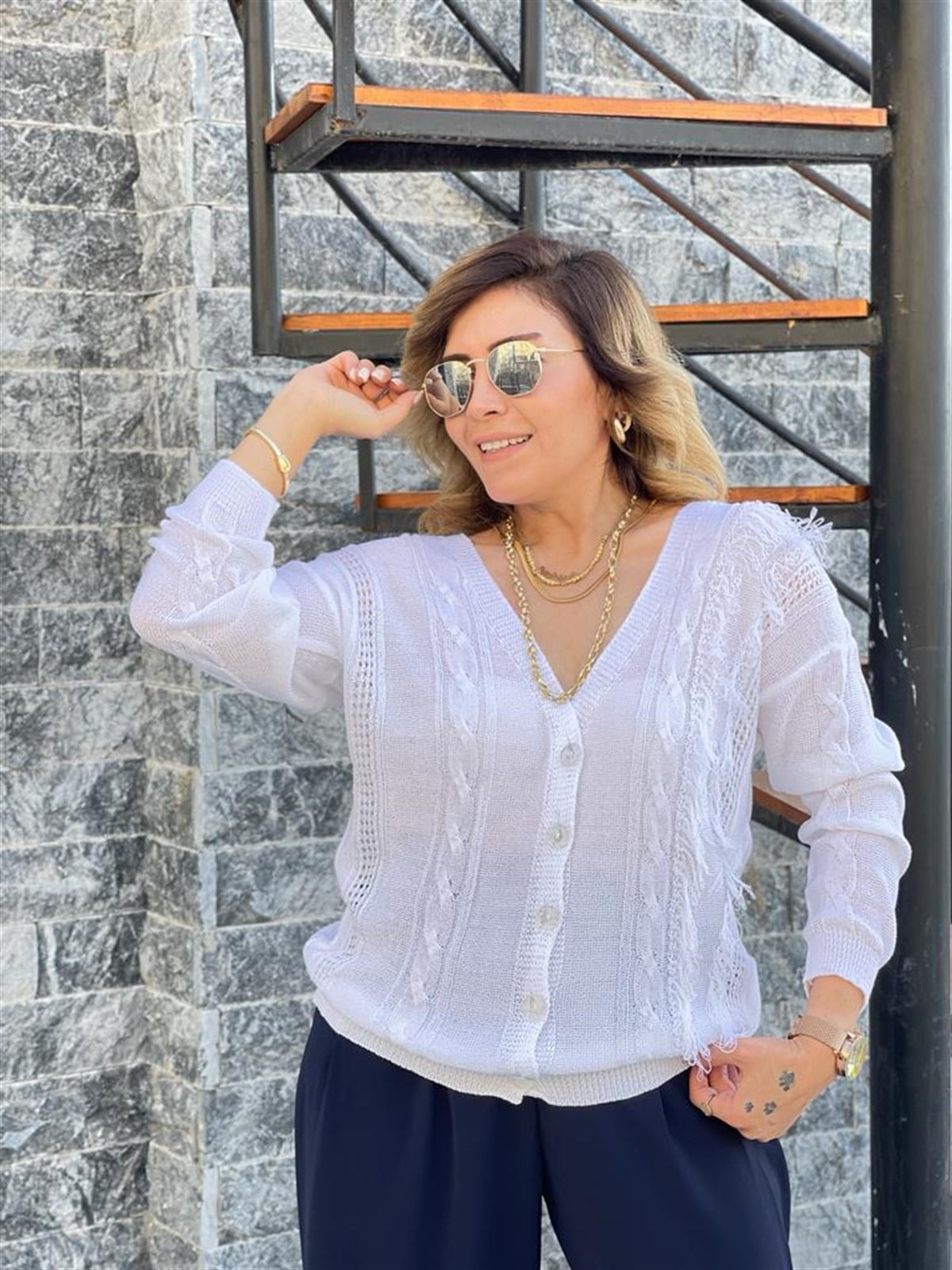Püsküllü Merserize Hırka (Beyaz)
