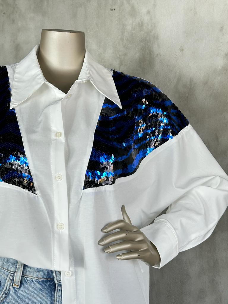 Saks Pul Payet İşlemeli Koton Kumaş Kadın Gömlek (Beyaz)
