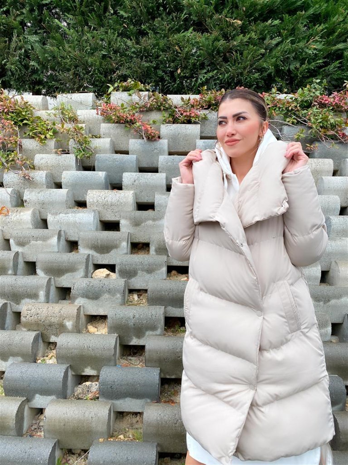 Şal Yaka Çıtçıtlı Şişme Mont (TAŞ RENGİ)