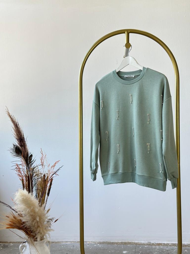 Salkım Kristal Taş İşçilikli Sweat (Mint)