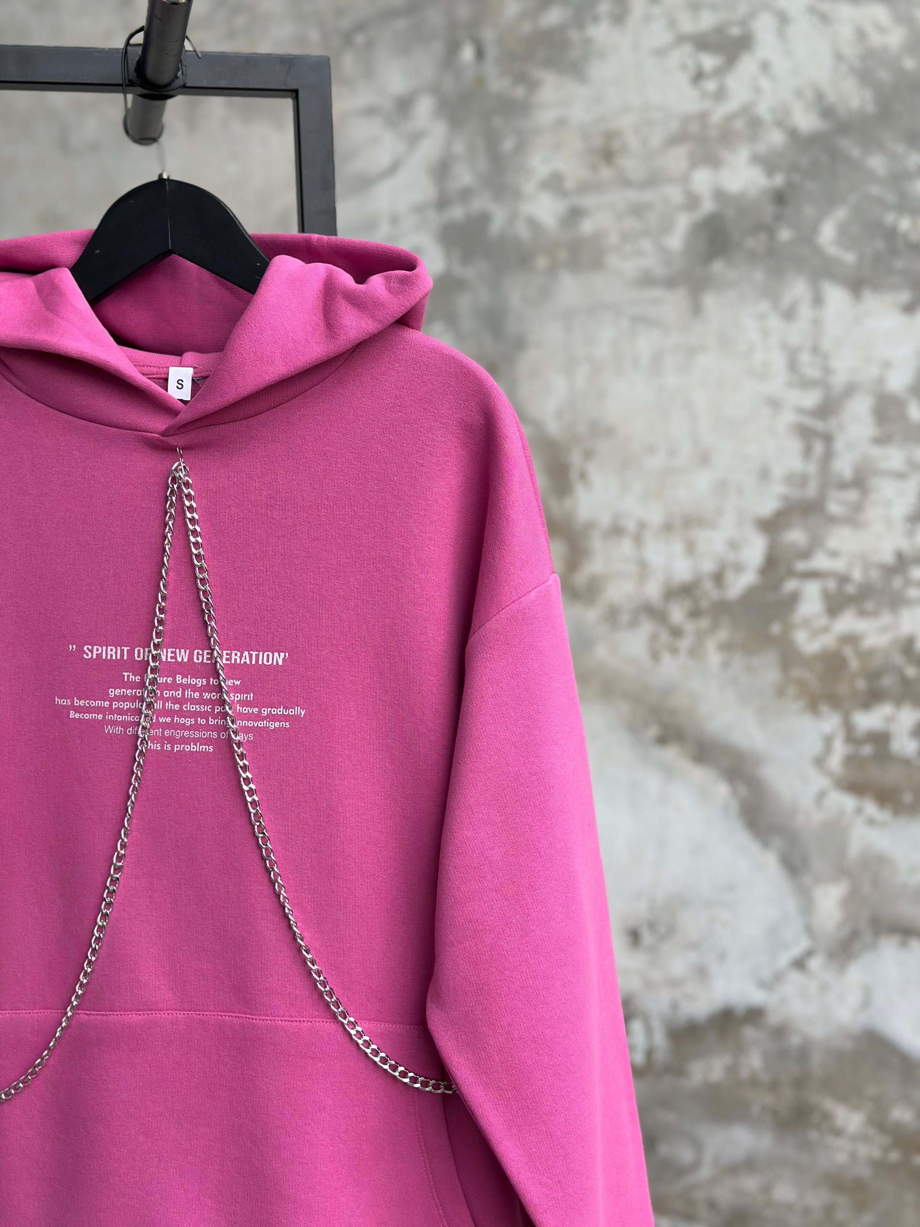 Şerit Zincir İşçilikli Yazı Baskılı Sweat (Pembe)