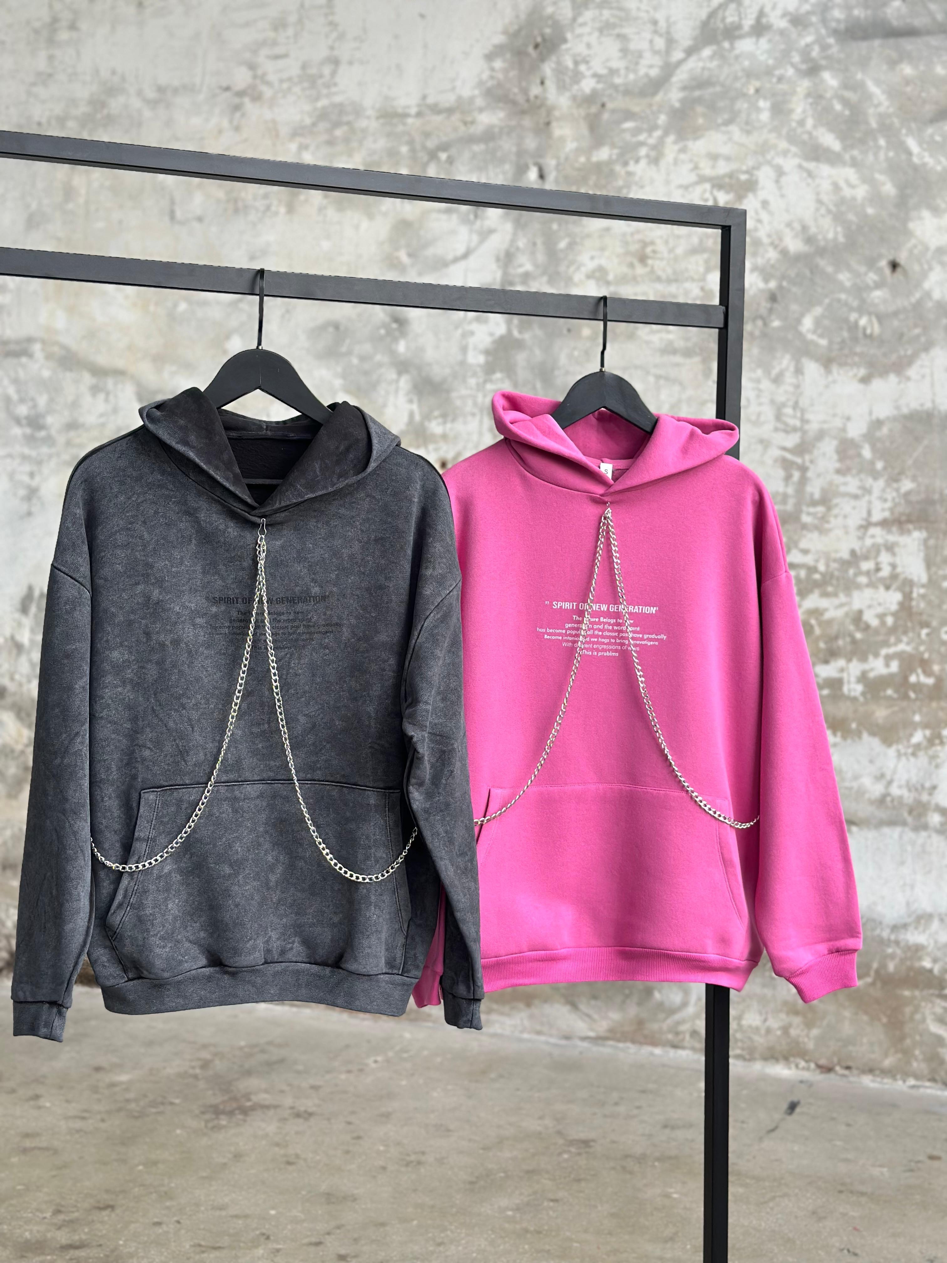 Şerit Zincir İşçilikli Yazı Baskılı Sweat (Pembe)