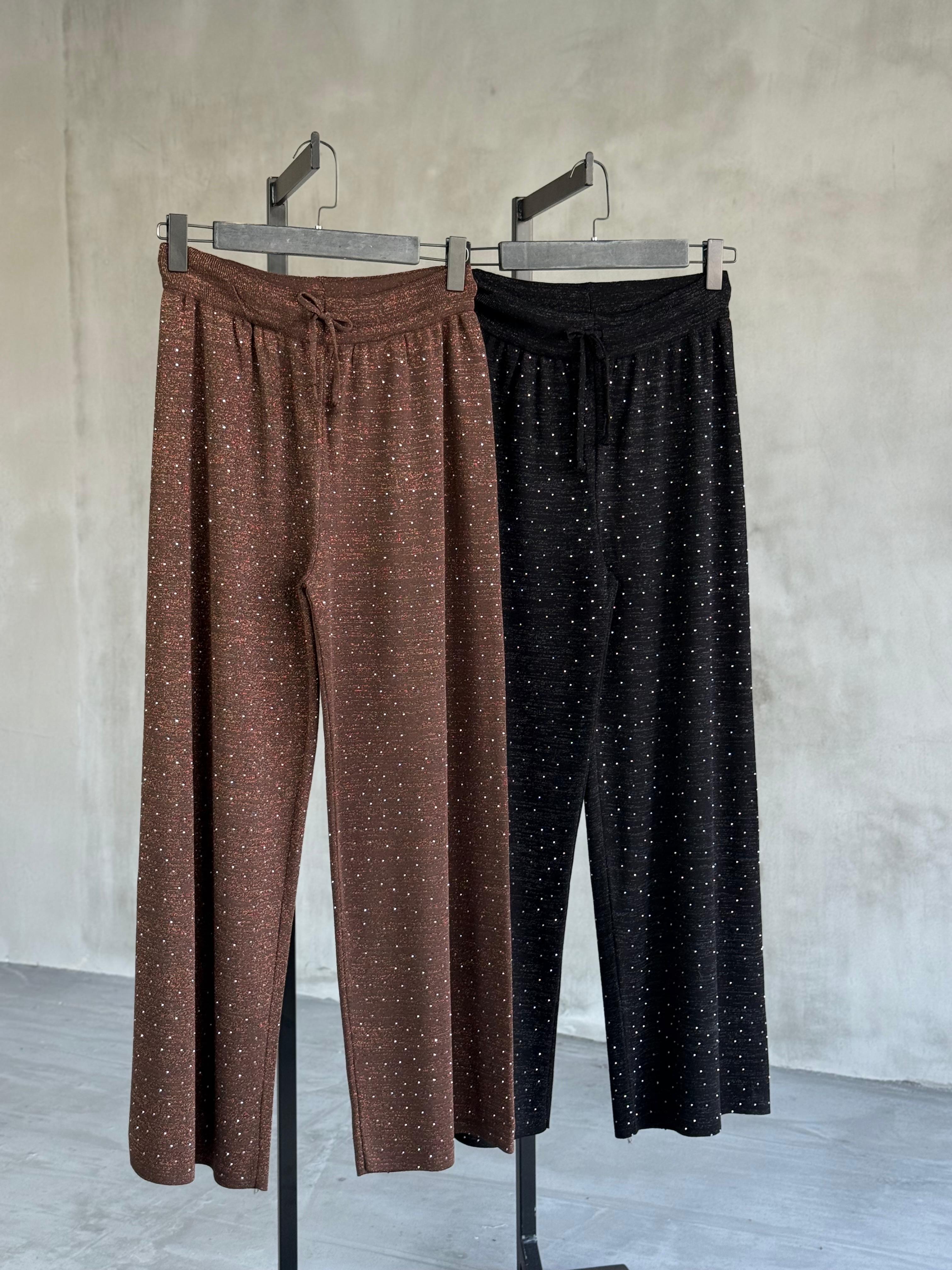 Sim Detaylı Taşlı Çelik Örgü Pantolon (Kahve)