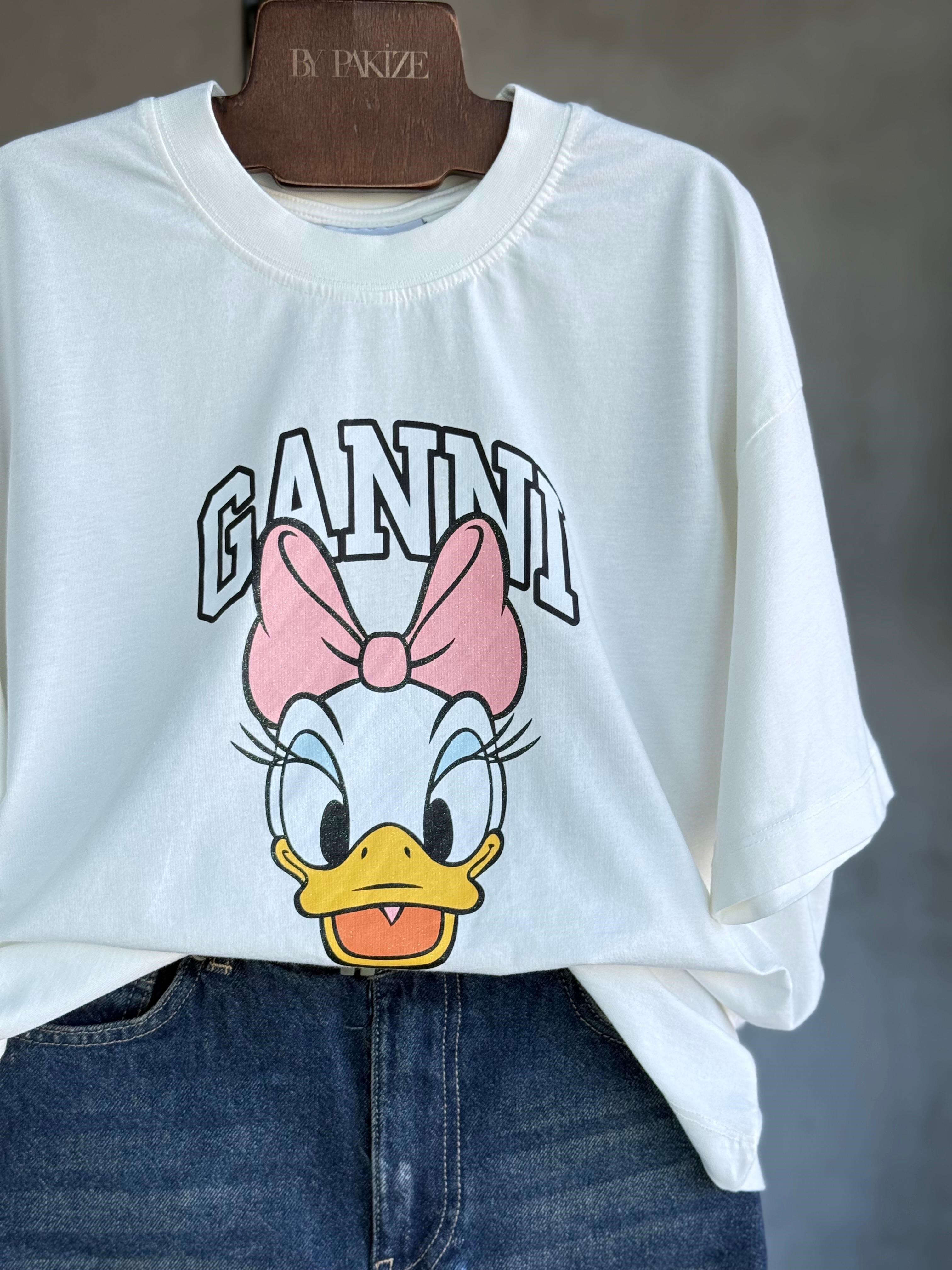 Simli Daisy Duck Baskılı Tişört (Beyaz)