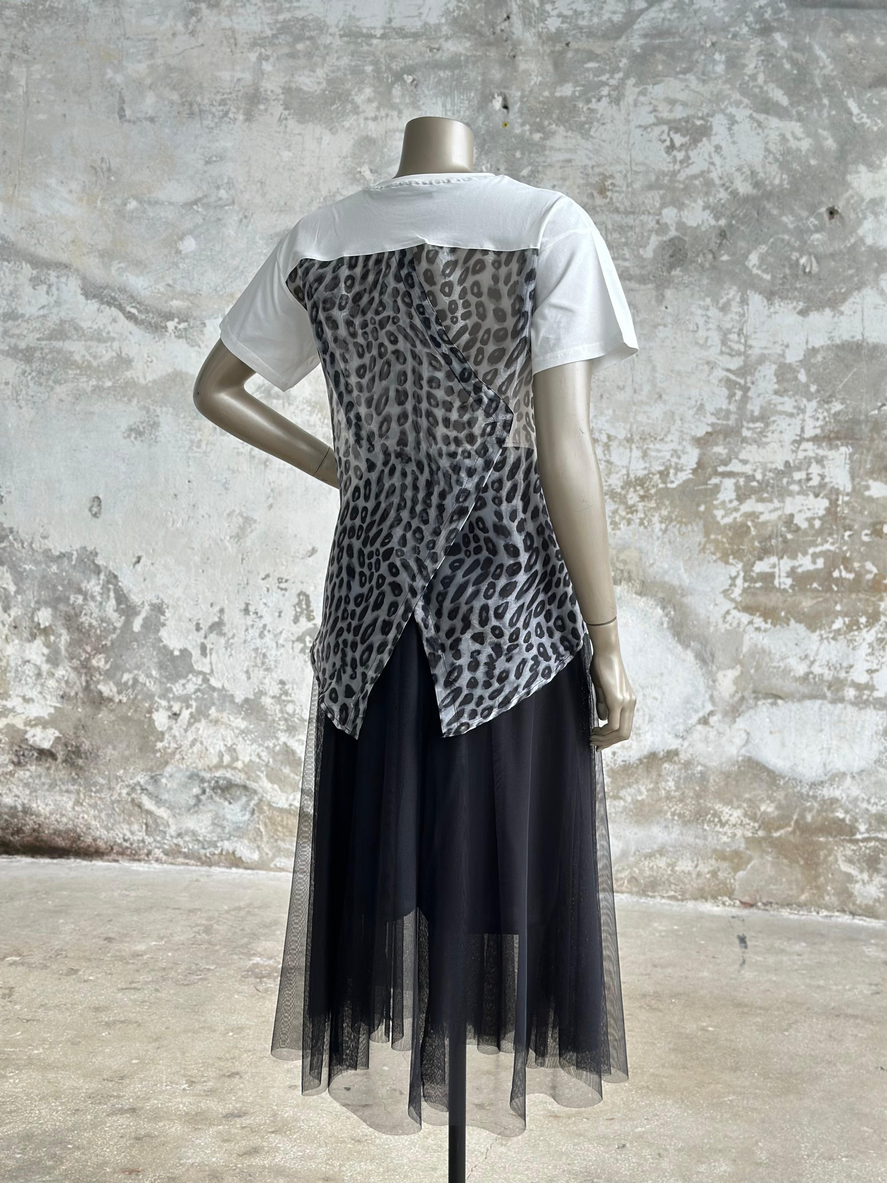 Sırt Organze Leopar Desenli Tişört (Beyaz)