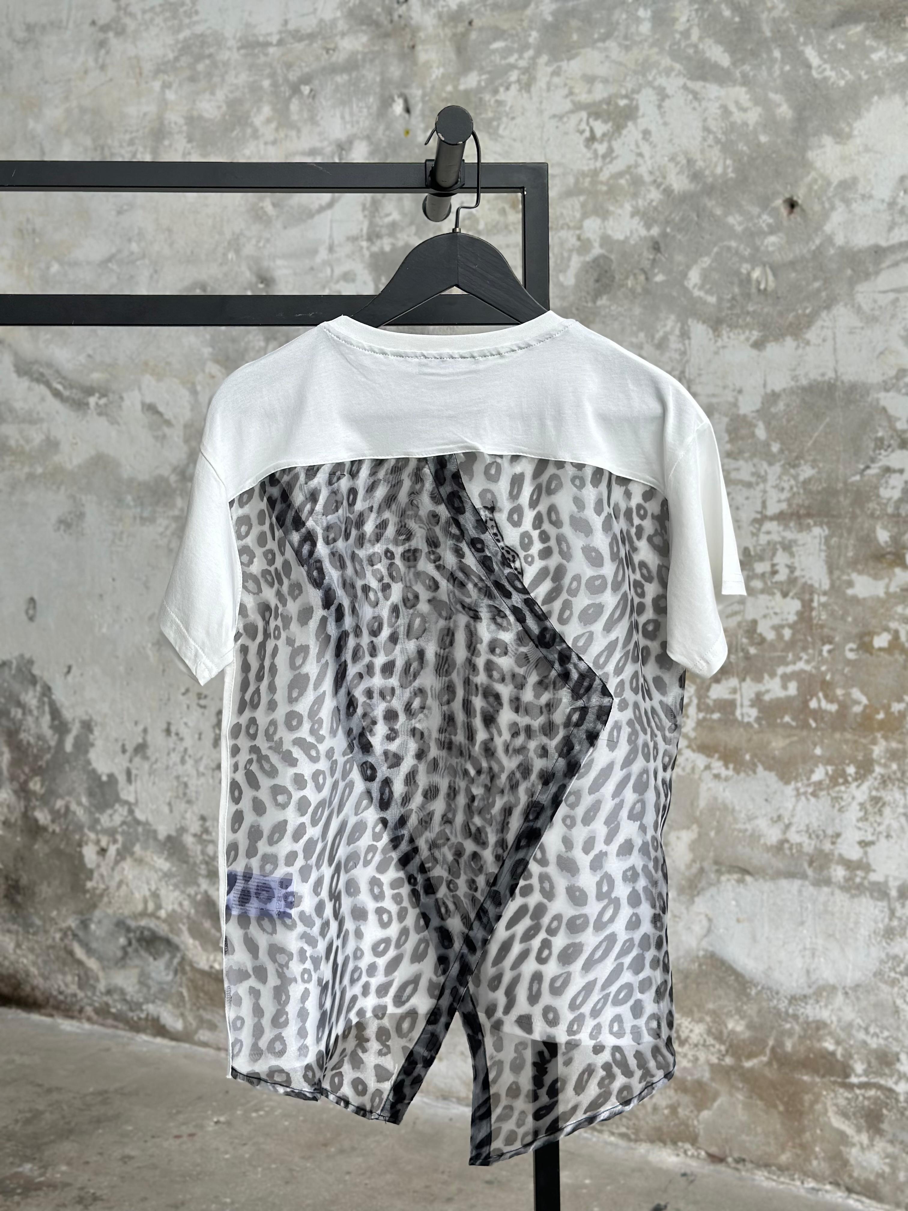 Sırt Organze Leopar Desenli Tişört (Beyaz)