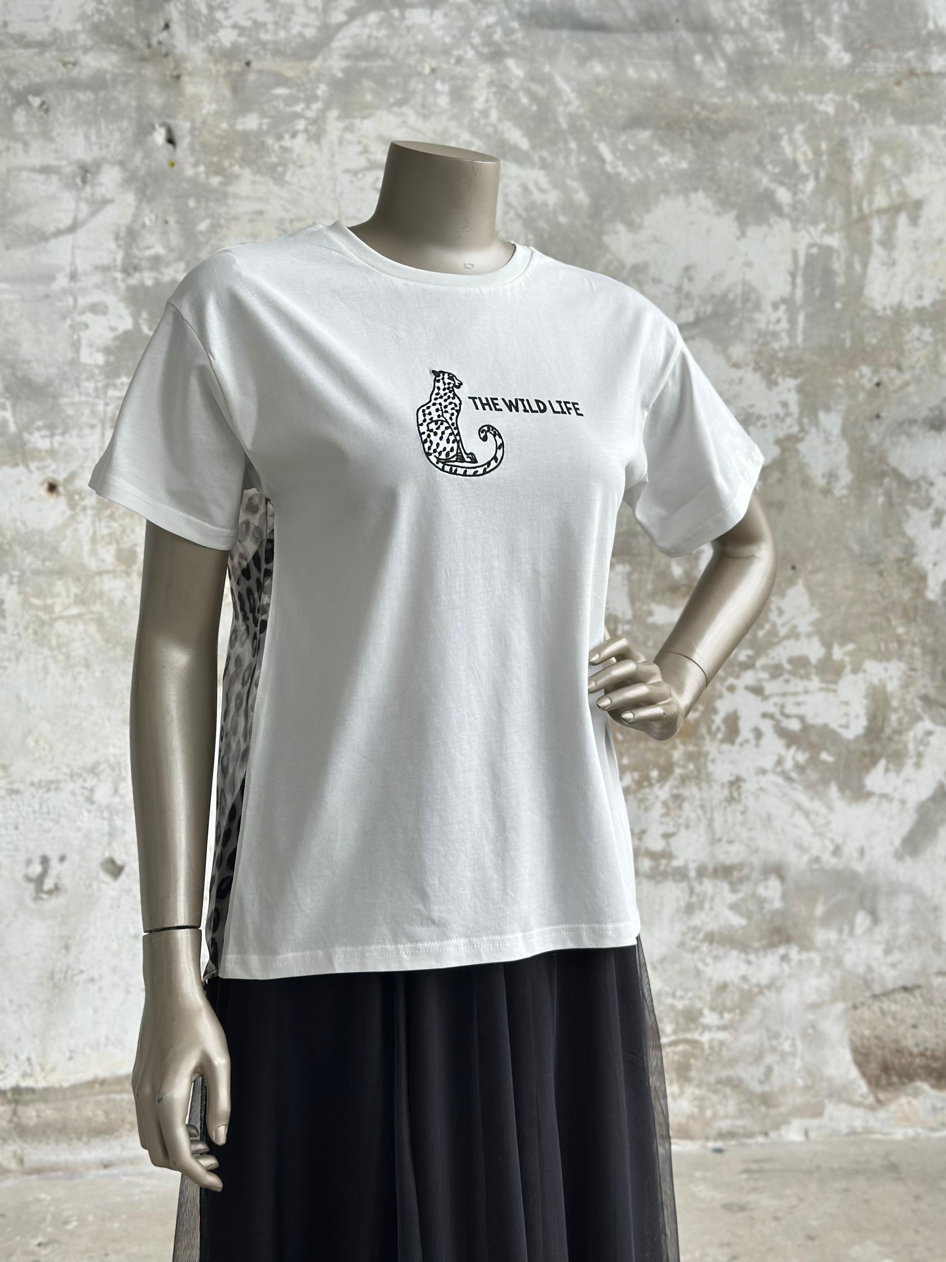 Sırt Organze Leopar Desenli Tişört (Beyaz)