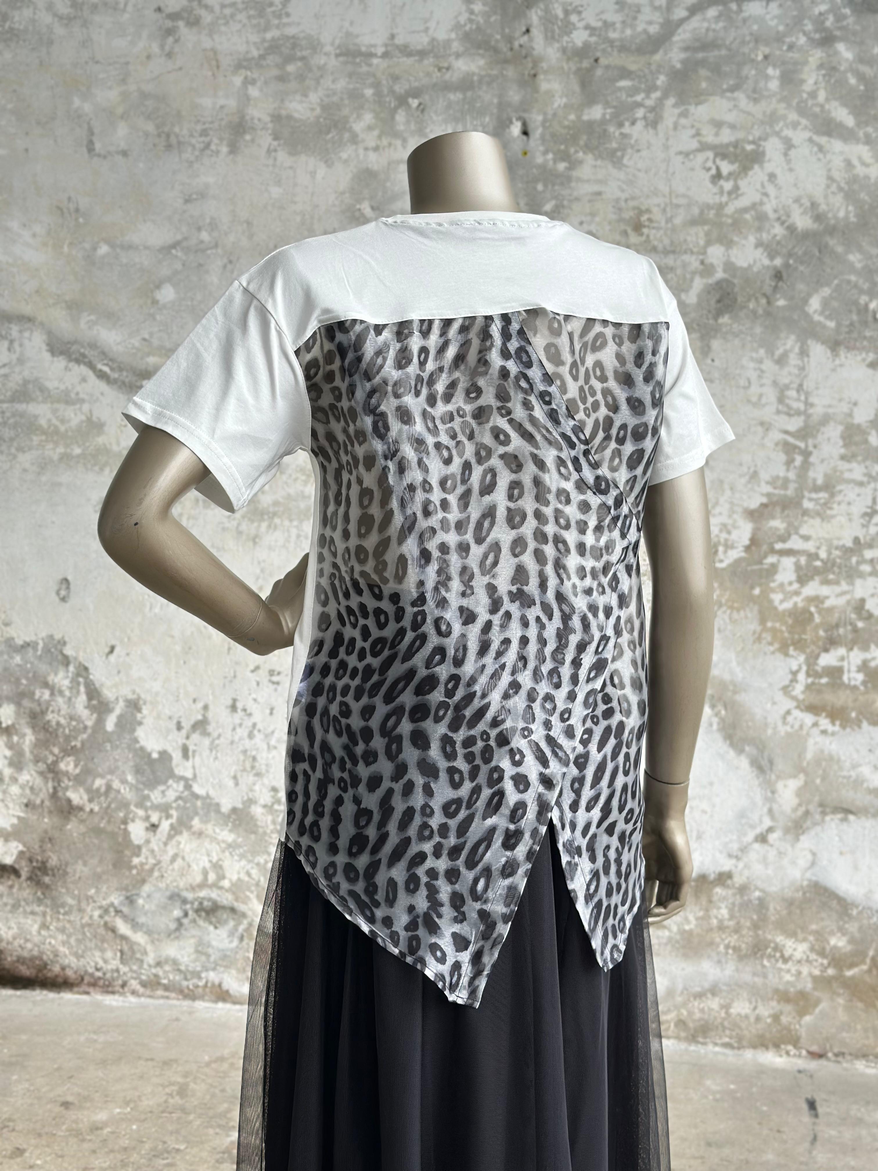 Sırt Organze Leopar Desenli Tişört (Beyaz)