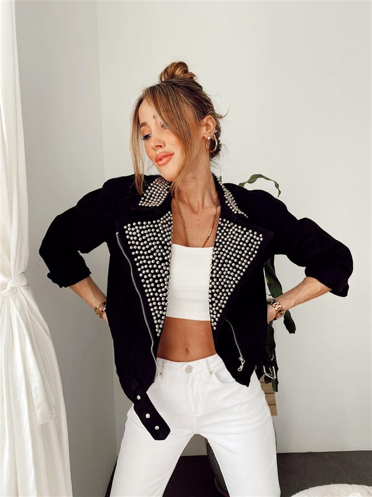 Siyah Biker Silver Zımba Detaylı Tasarım Penny Jean Ceket