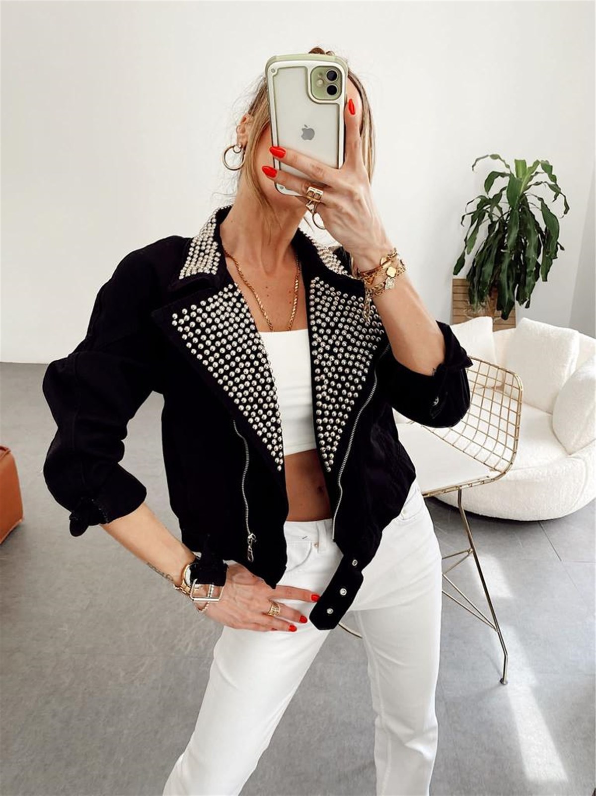 Siyah Biker Silver Zımba Detaylı Tasarım Penny Jean Ceket