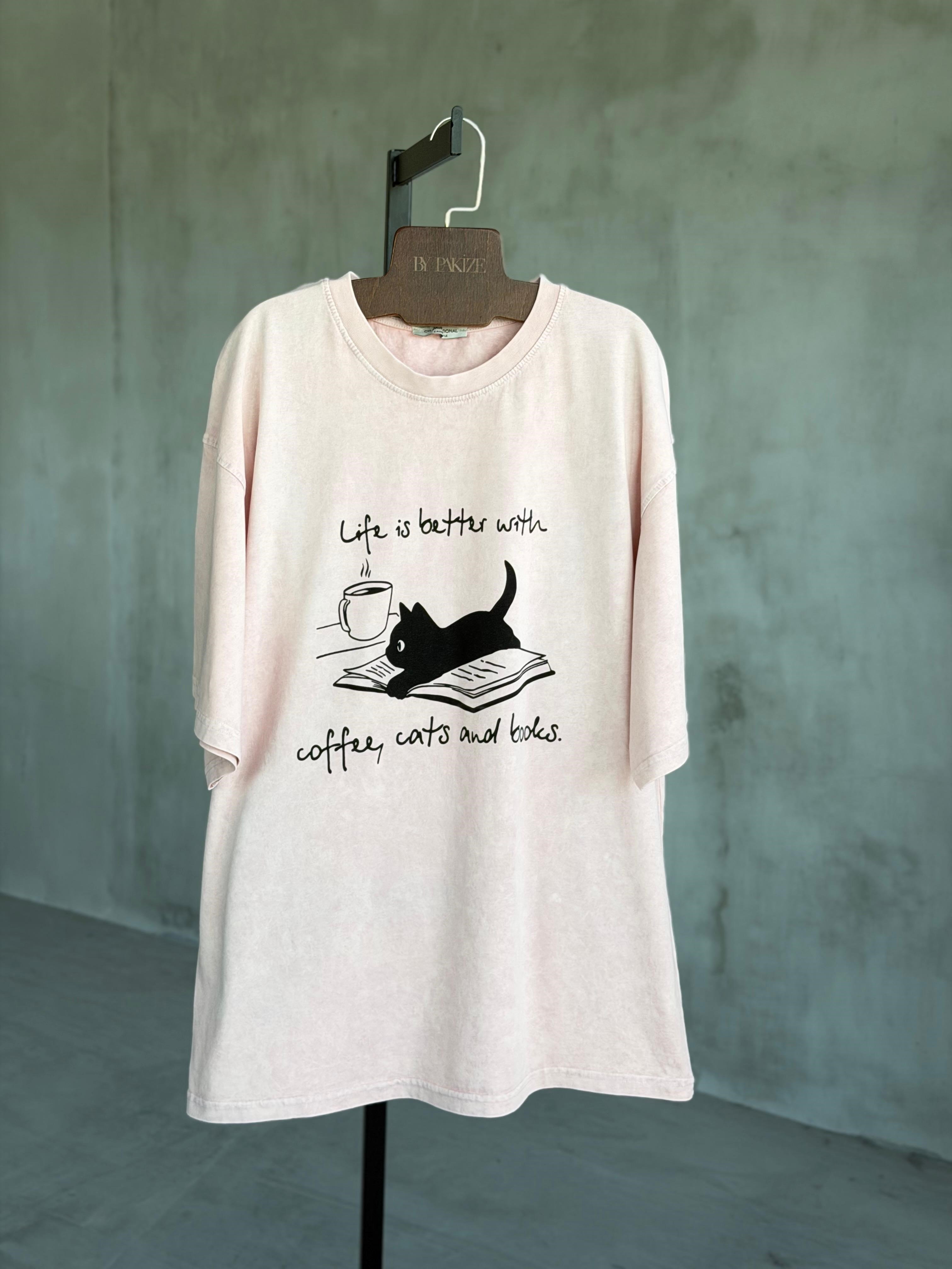 Siyah Kedi Baskılı Oversize Dokuma Tişört (Pudra)