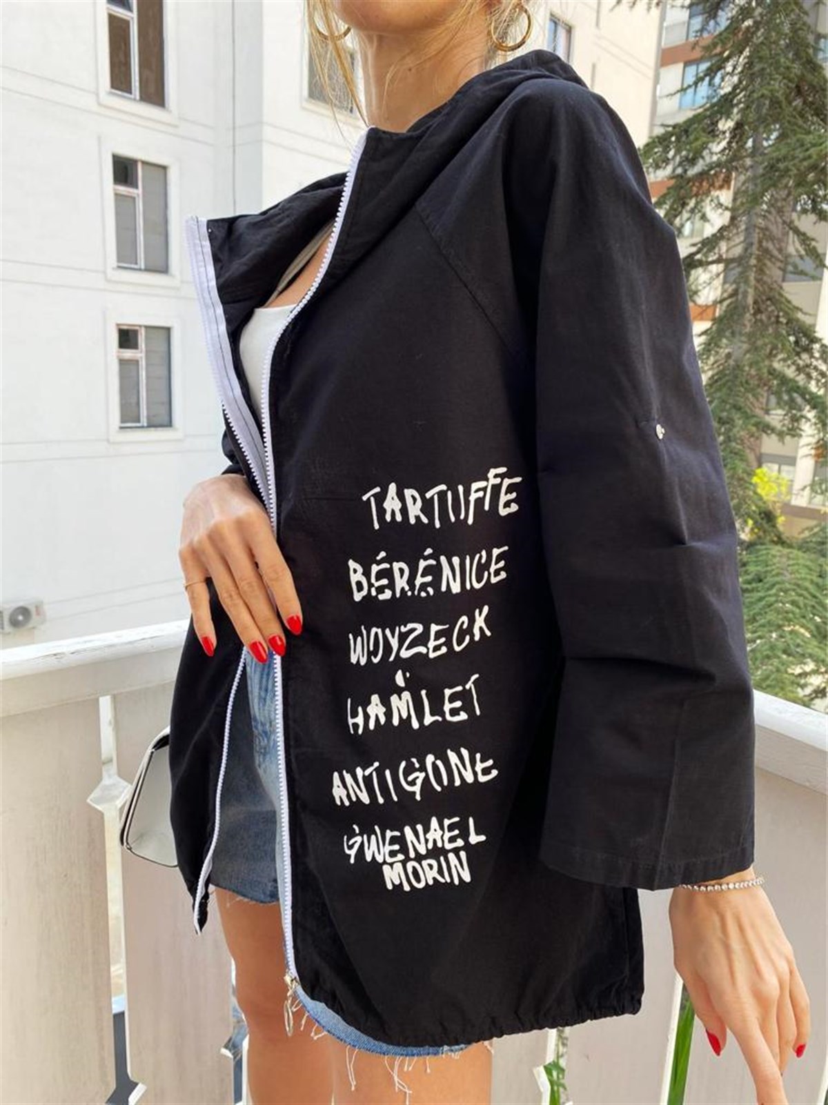 Siyah Naturel Beautiful Day Yazı Figürlü Oversize Ceket