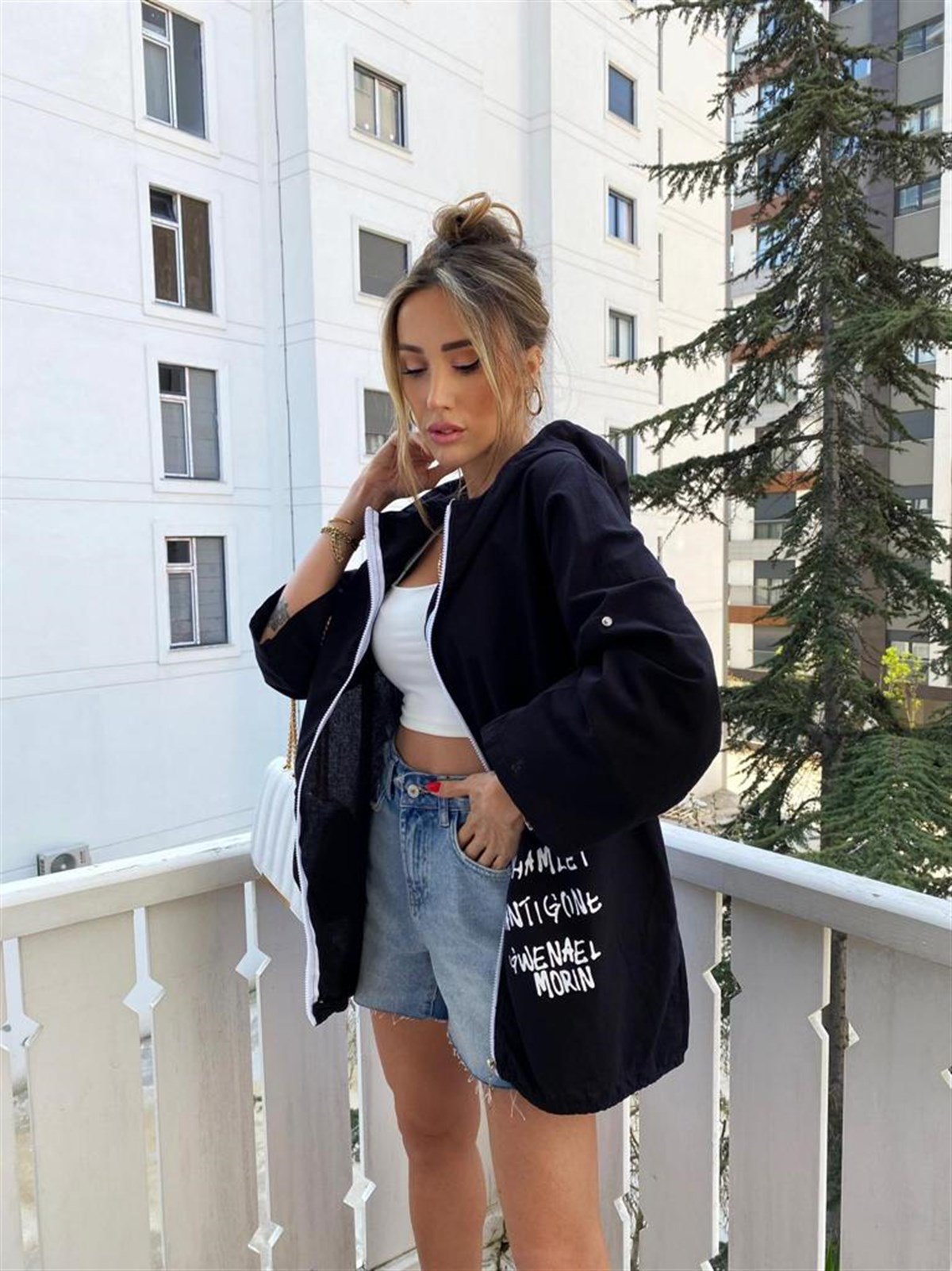 Siyah Naturel Beautiful Day Yazı Figürlü Oversize Ceket