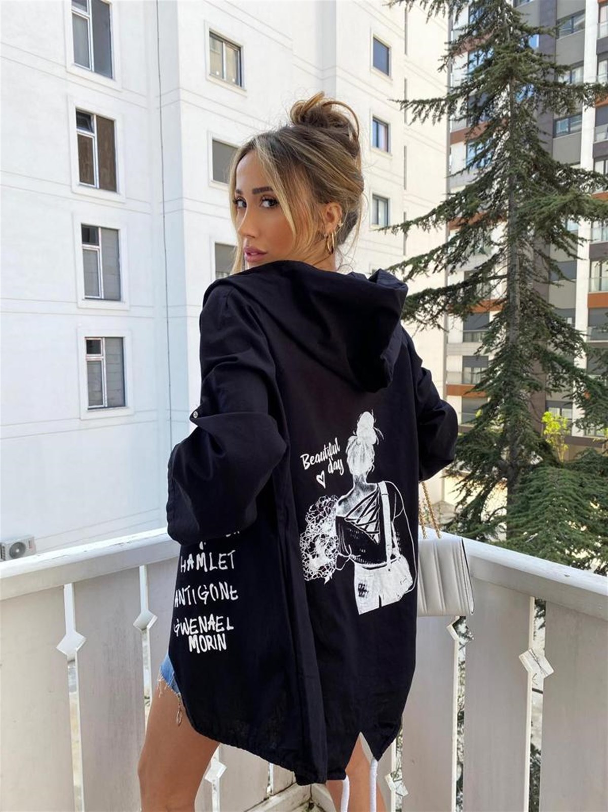 Siyah Naturel Beautiful Day Yazı Figürlü Oversize Ceket