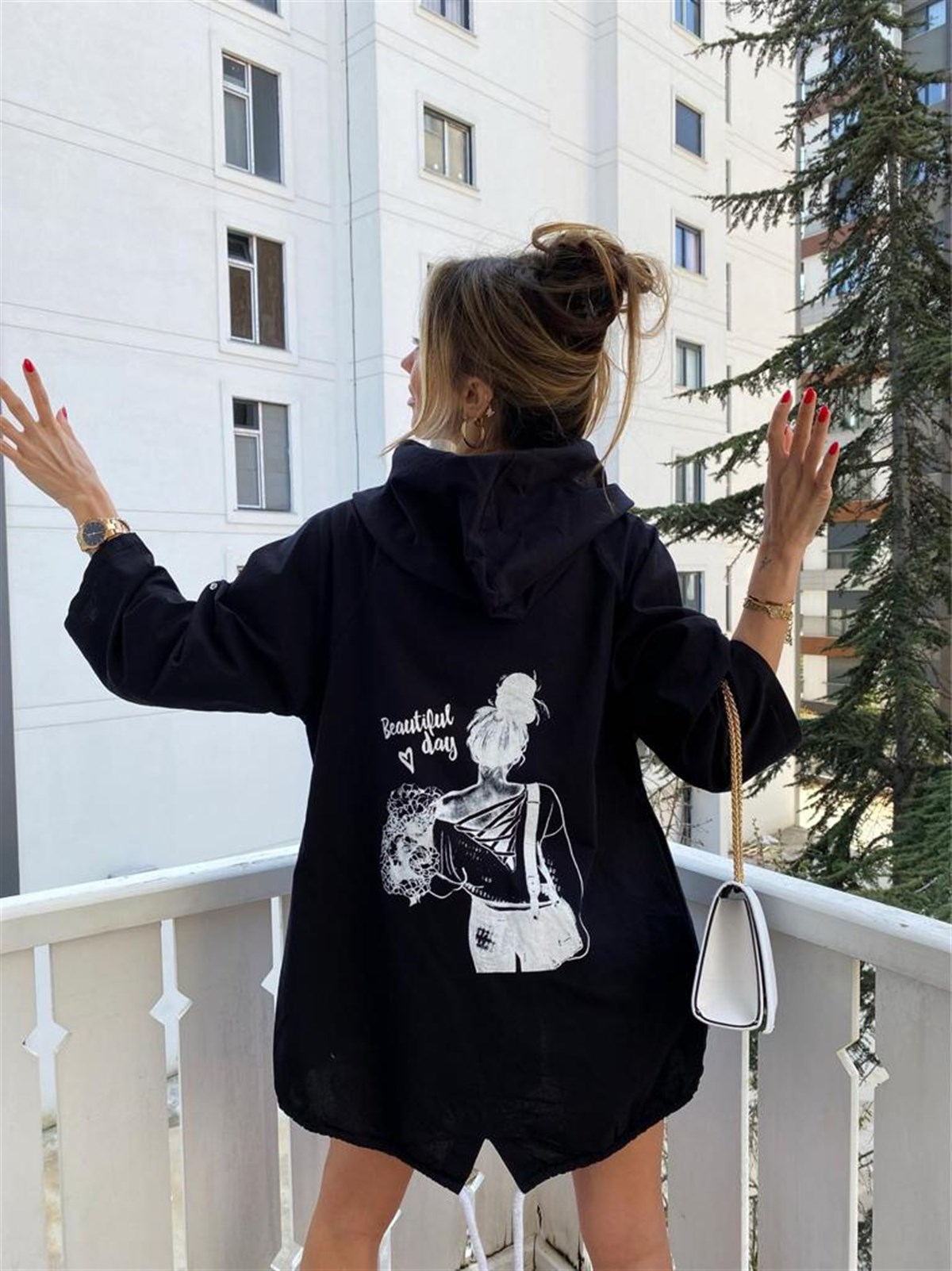 Siyah Naturel Beautiful Day Yazı Figürlü Oversize Ceket