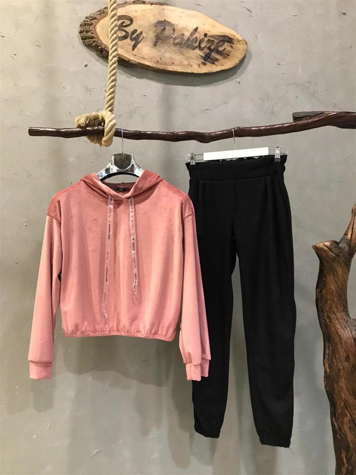 Süet Kadife Kumaş Kapşonlu Sweatshirt (GÜL KURUSU)
