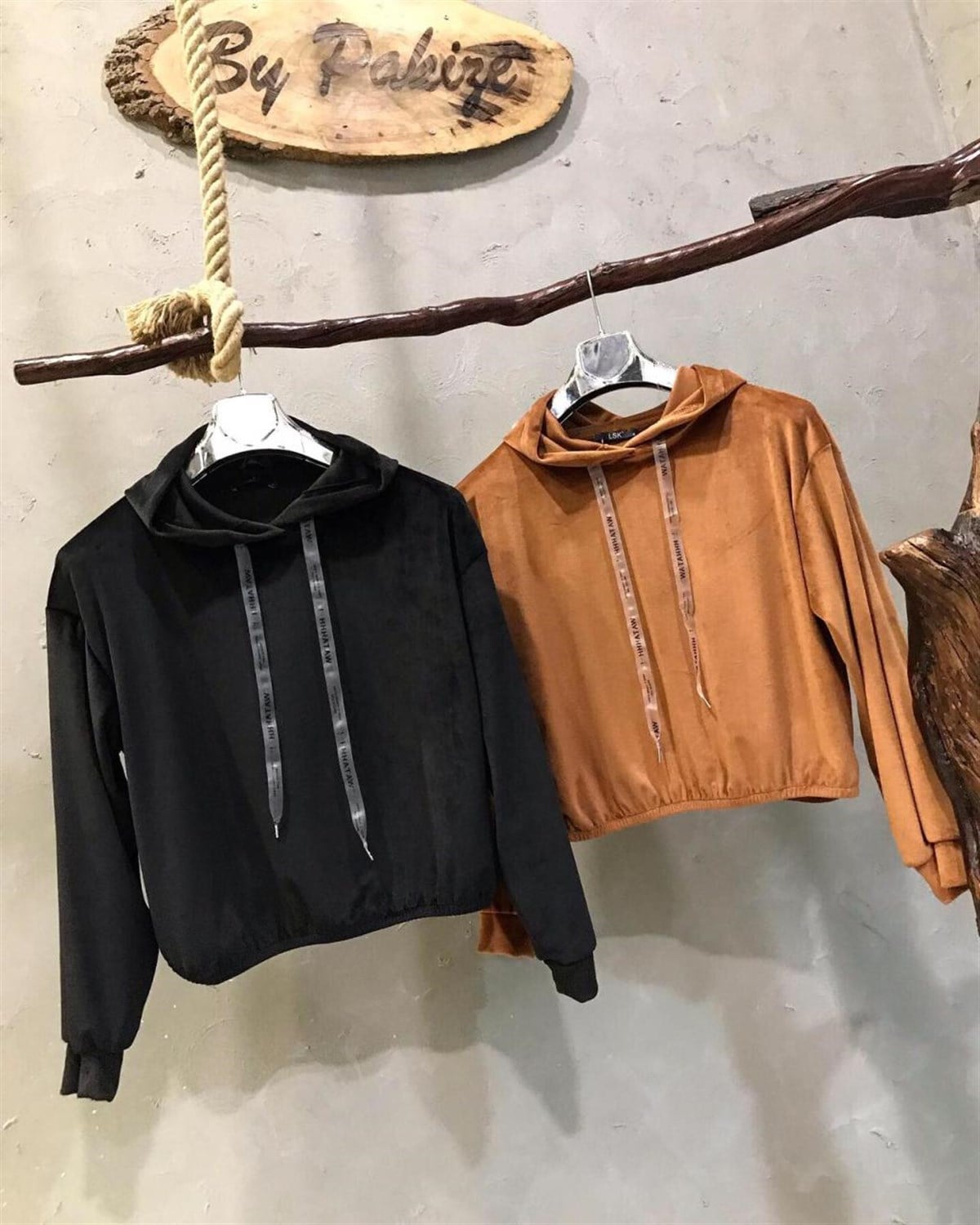 Süet Kadife Kumaş Kapşonlu Sweatshirt (SİYAH & TABA)