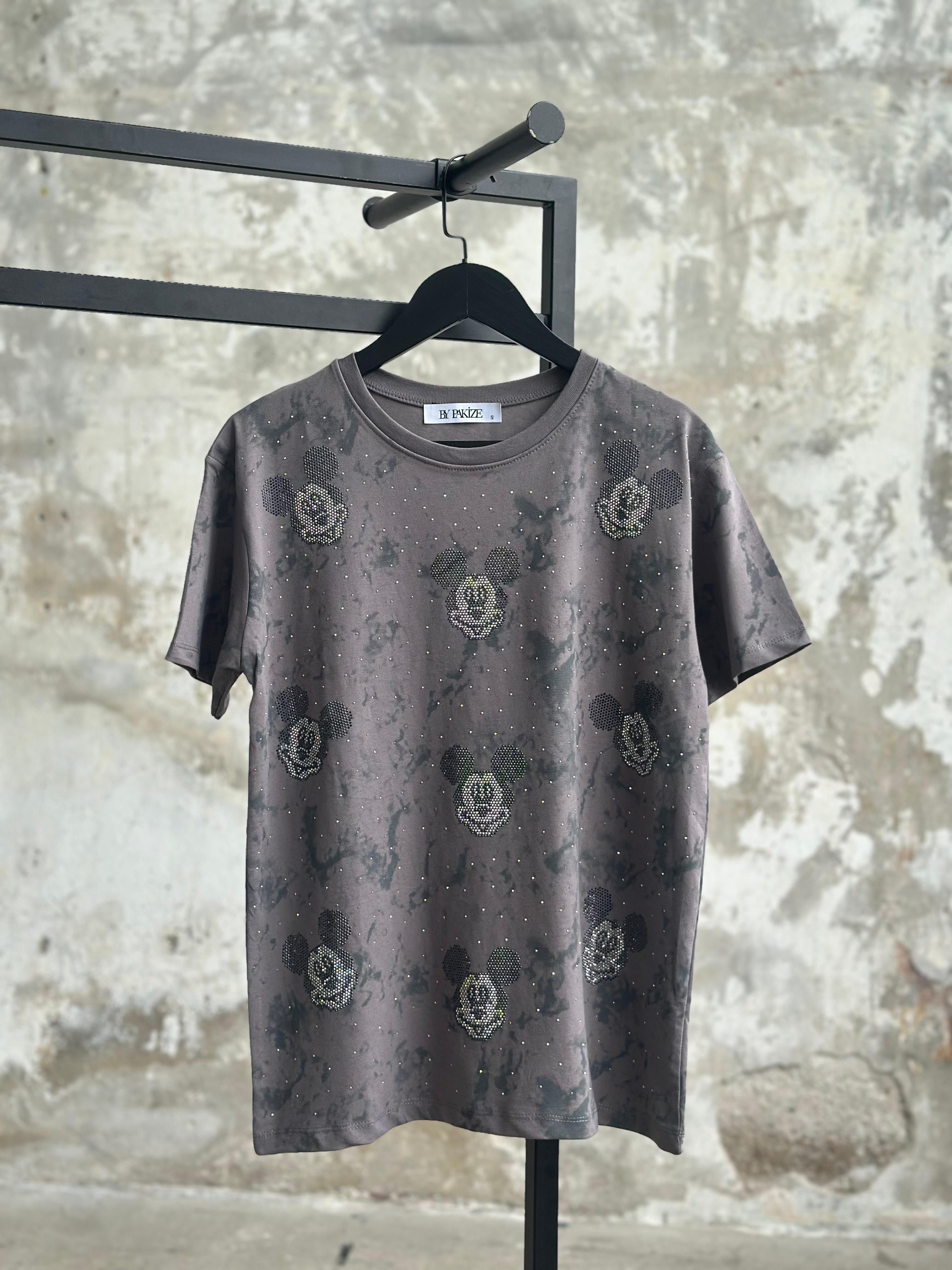 Taş İşçilikli Mickey Mause İşlemeli Tişört (Gri/Beyaz/Siyah)