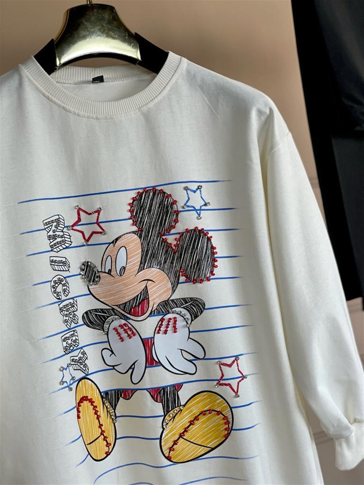 Taş İşlemeli Mickey Baskılı Tunik Sweat (Beyaz)