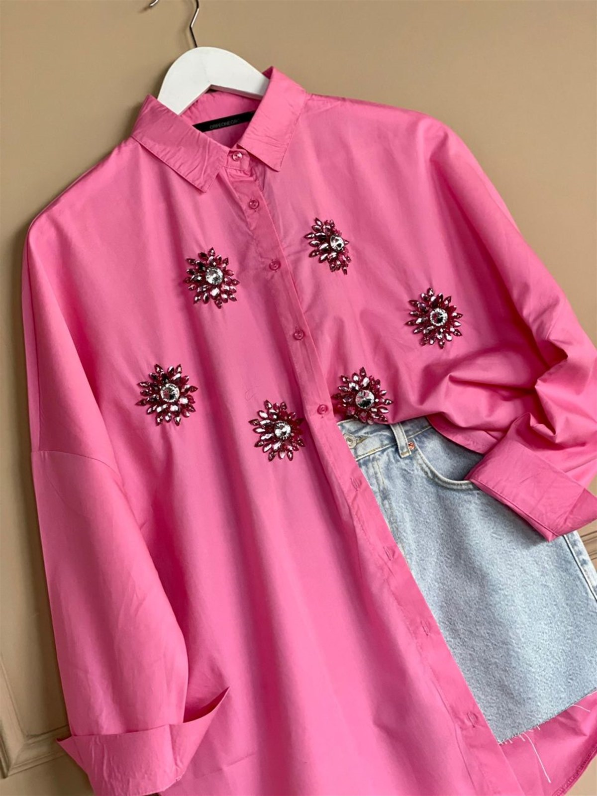 Taş İşlemeli Over Size Gömlek (Pembe)