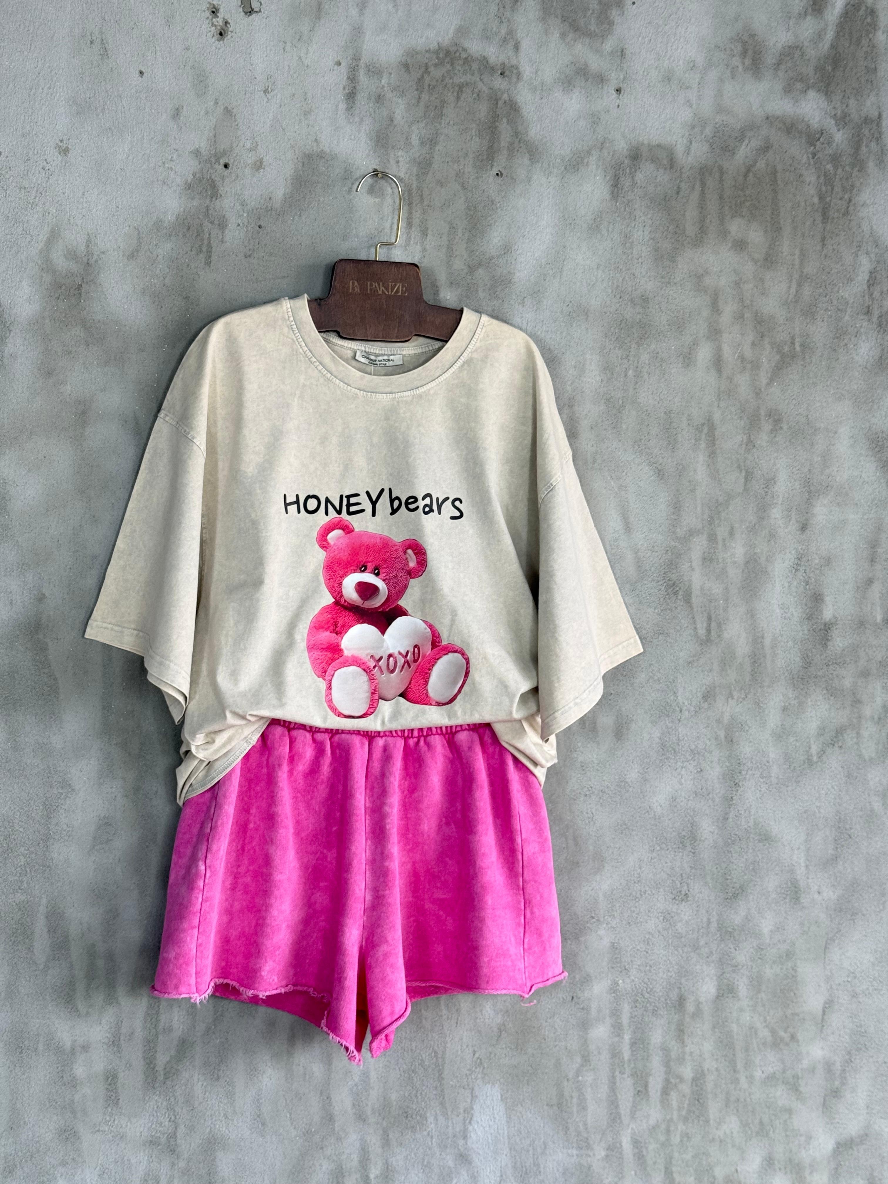 Taş Yıkamalı Ayıcık Baskılı Oversize Dokuma Tişört (Bej)