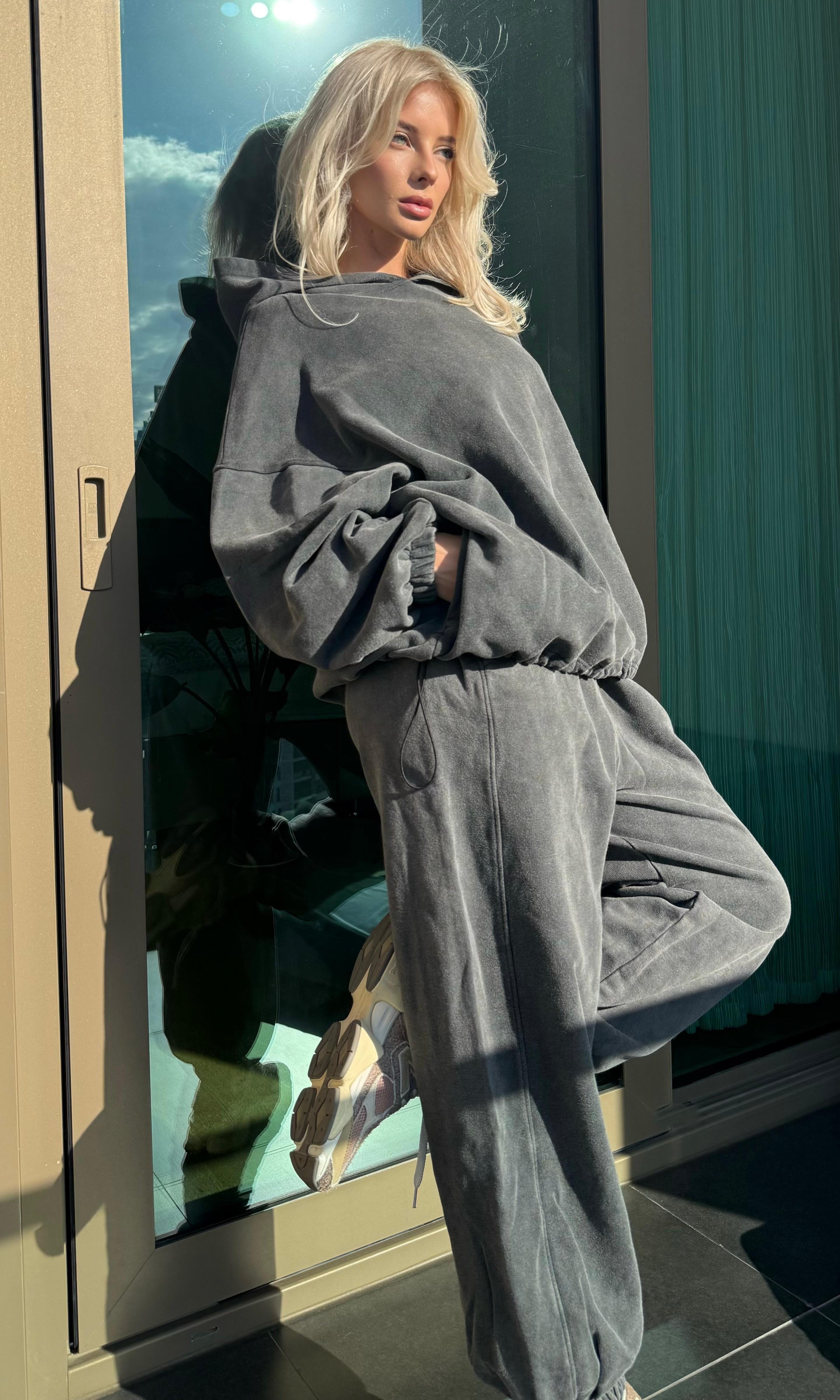 Taş Yıkamalı Büzgü Detay Oversize Sweat (Antrasit)