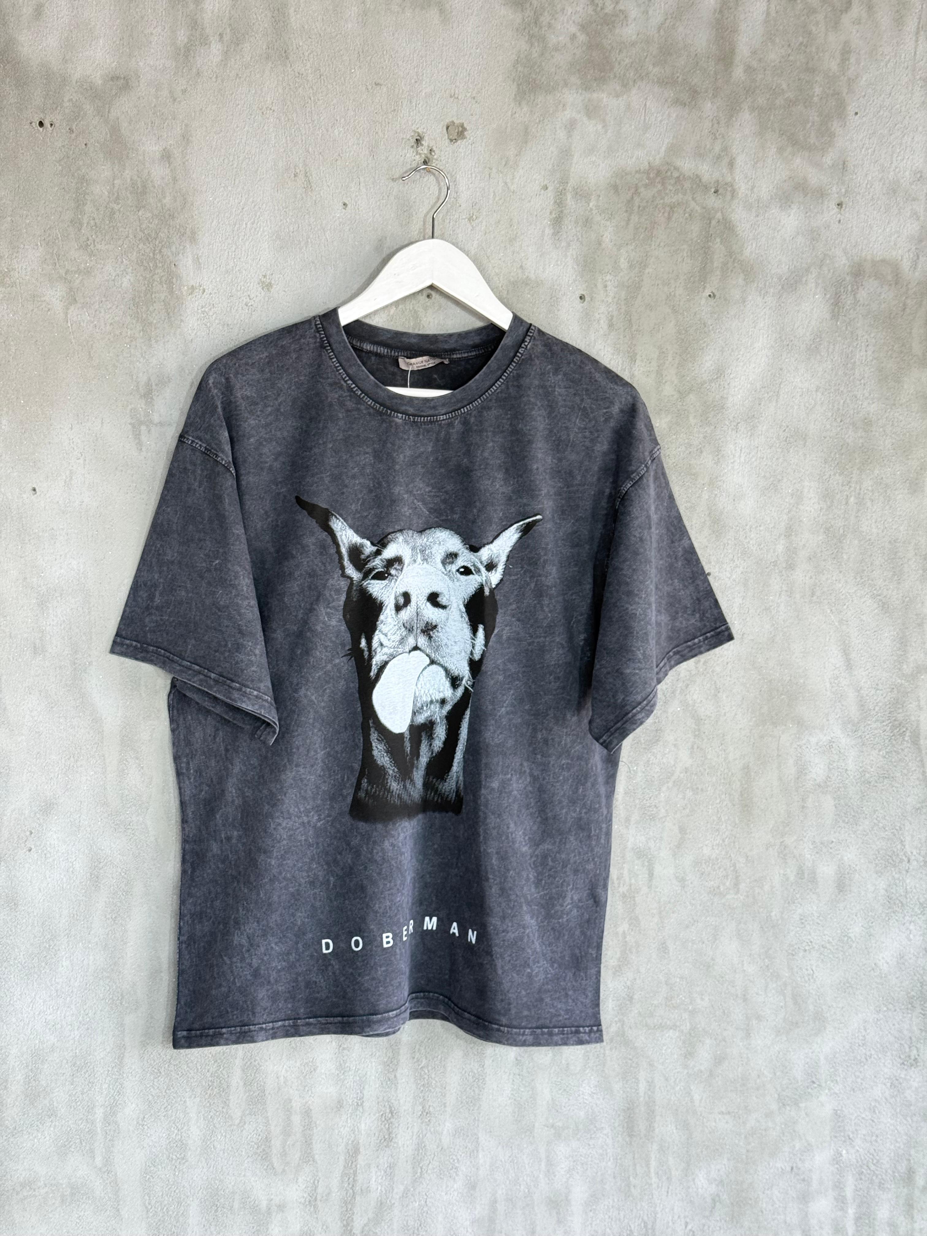 Taş Yıkamalı Köpek Baskılı Oversize Dokuma Tişört (Antrasit)