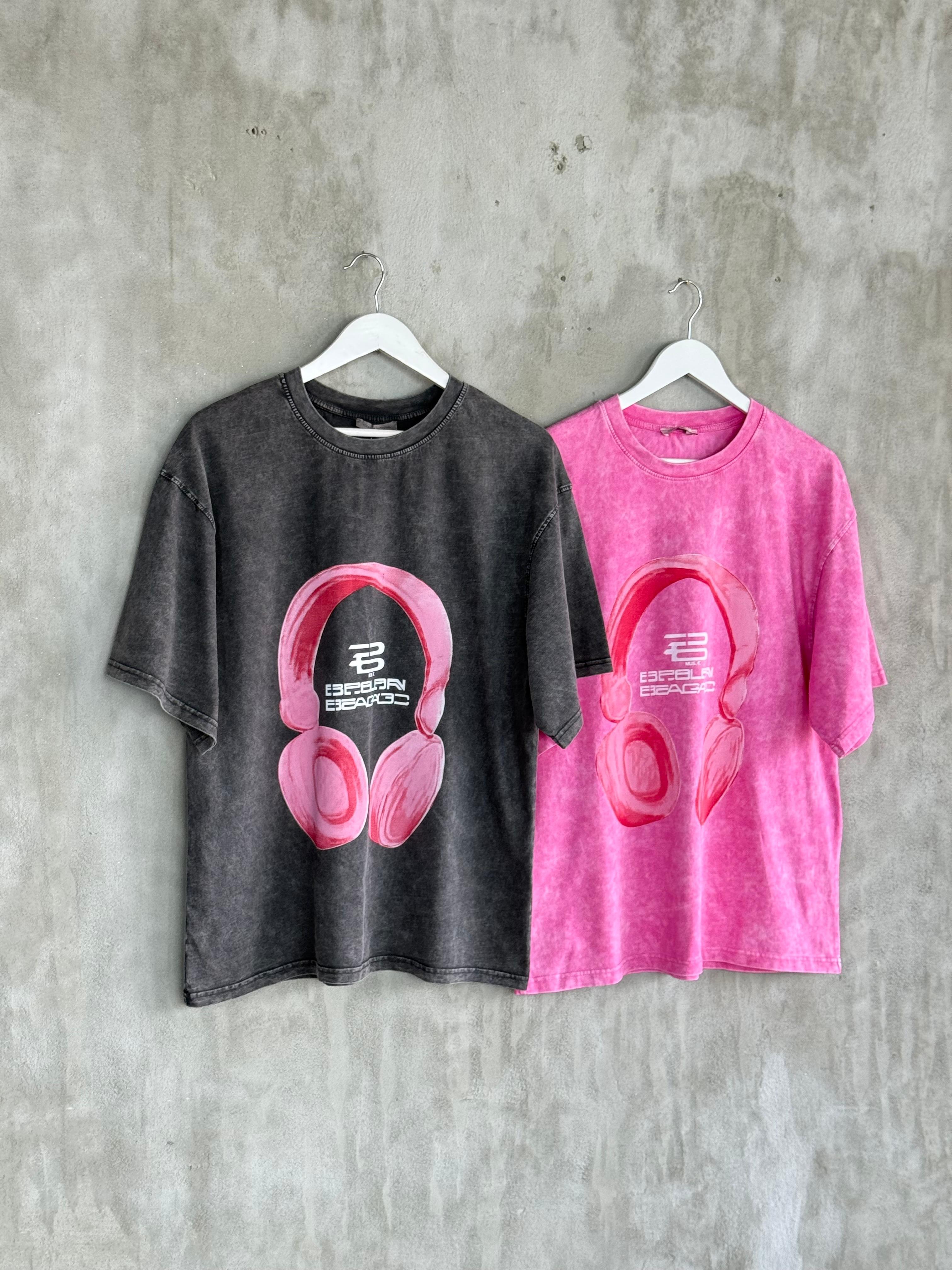 Taş Yıkamalı Kulaklık Baskılı Oversize Dokuma Tişört (Antrasit)