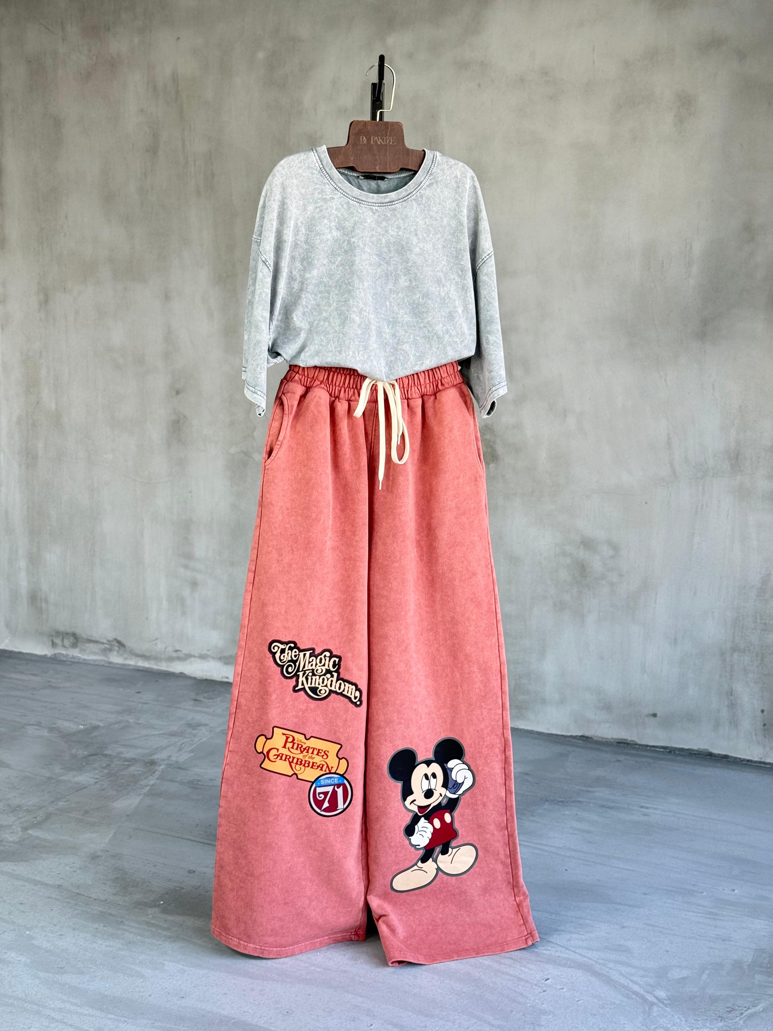 Taş Yıkamalı Mickey Mouse Baskılı Bol Pantolon (Kiremit)