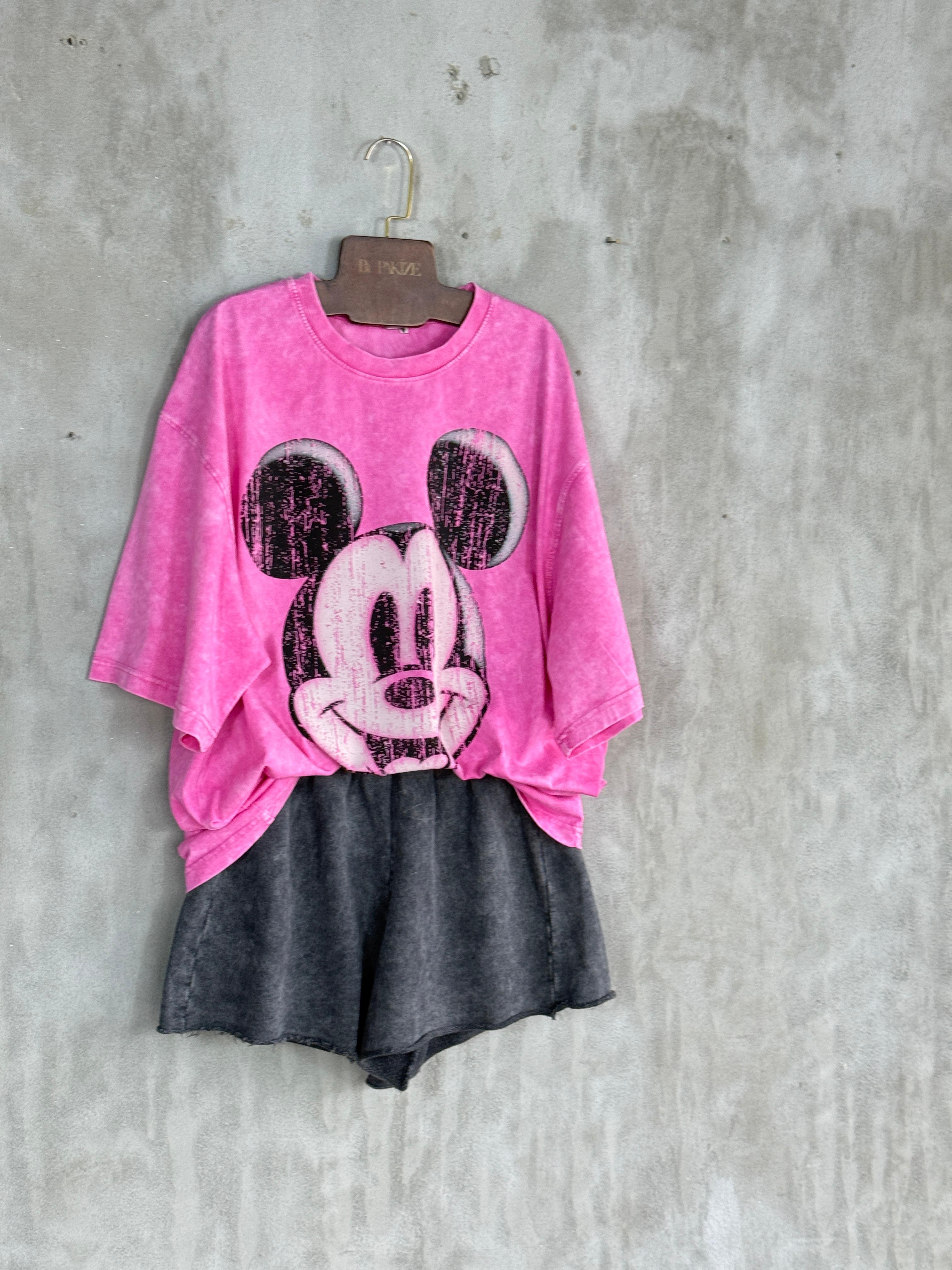 Taş Yıkamalı Oversize Dokuma Tişört (Pembe)