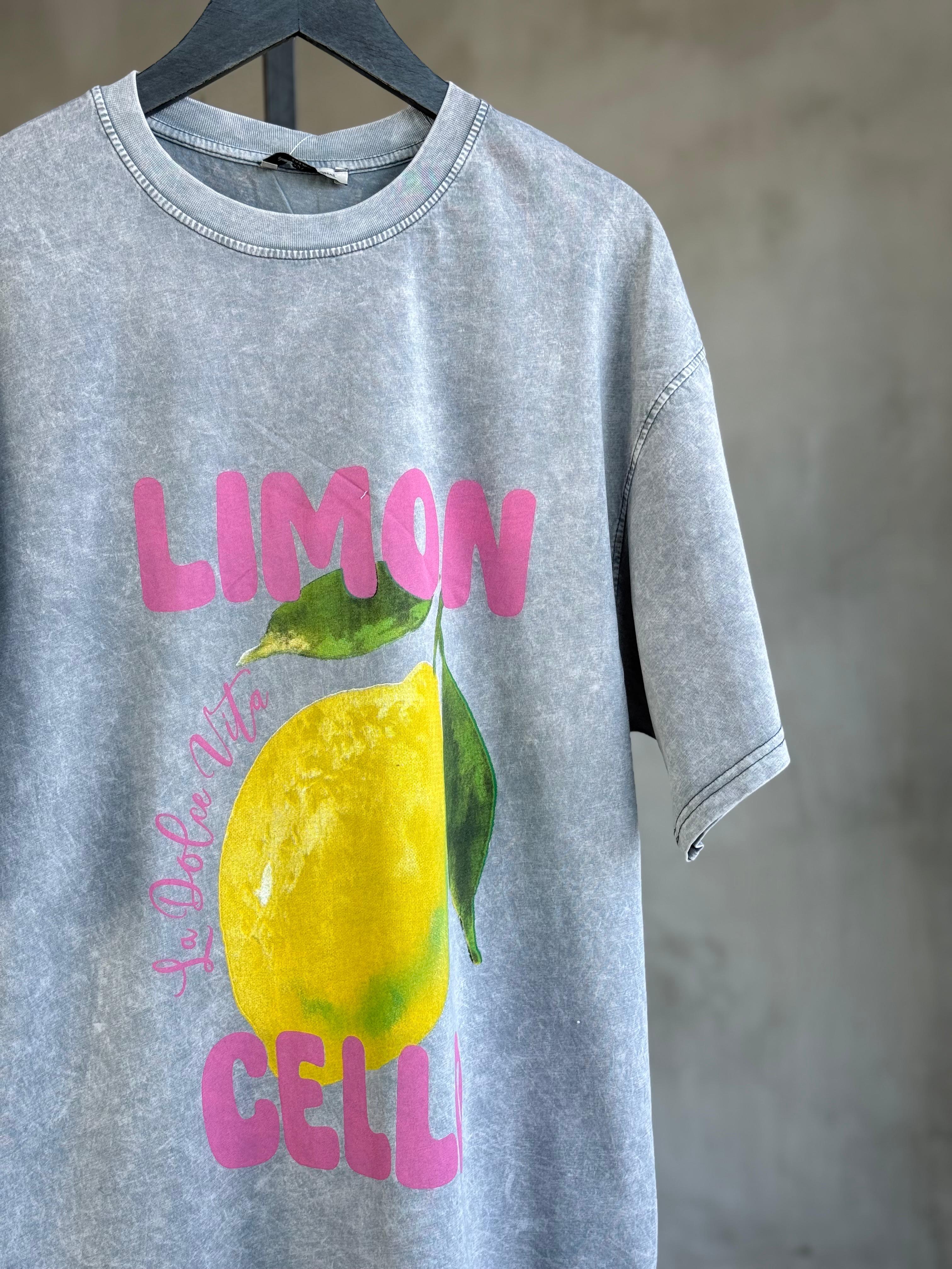 Taş Yıkamalı Oversize Limon Baskılı Dokuma Tişört (Gri)