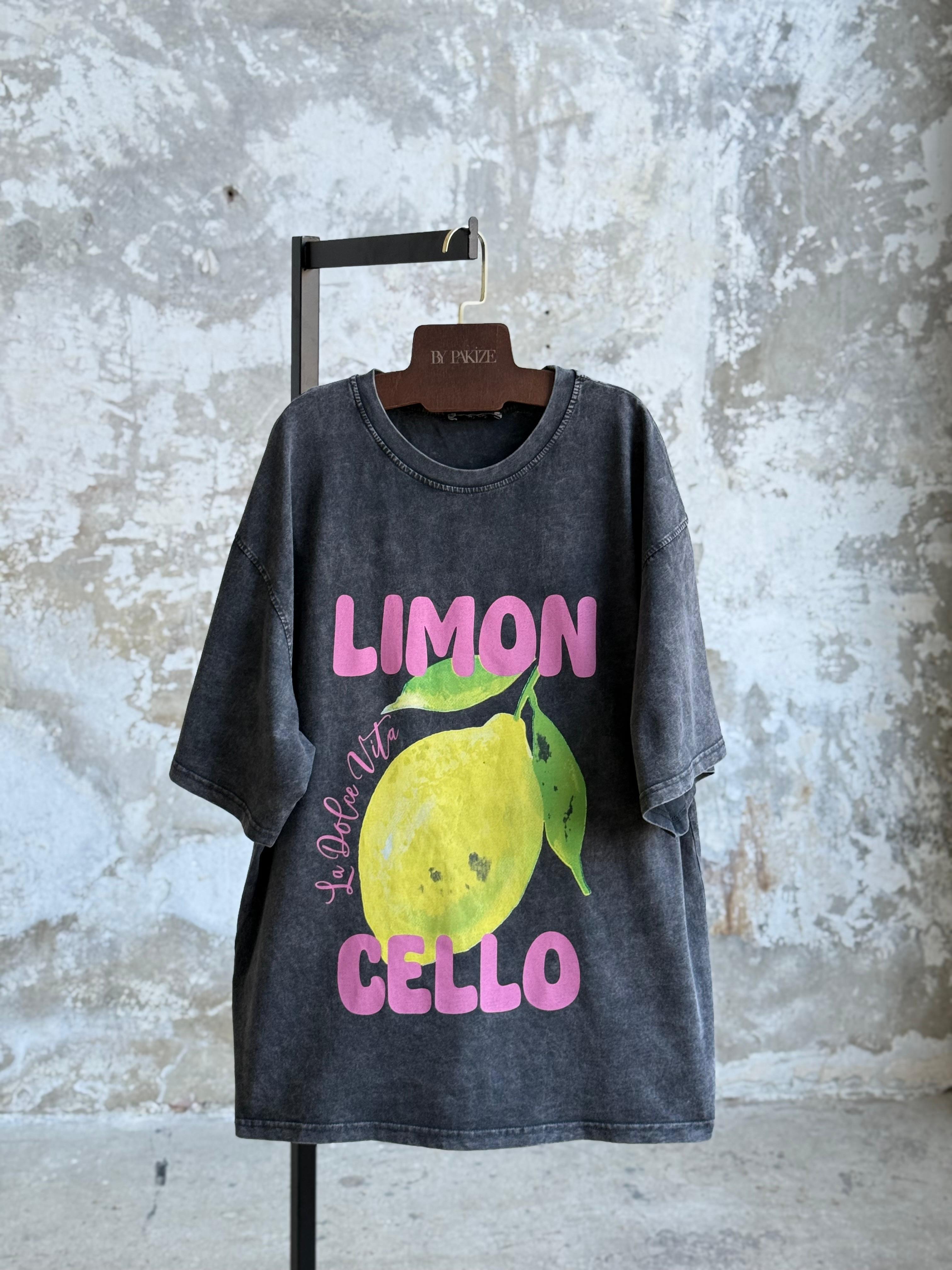 Taş Yıkamalı Oversize Limon Baskılı Dokuma Tişört (Antrasit)