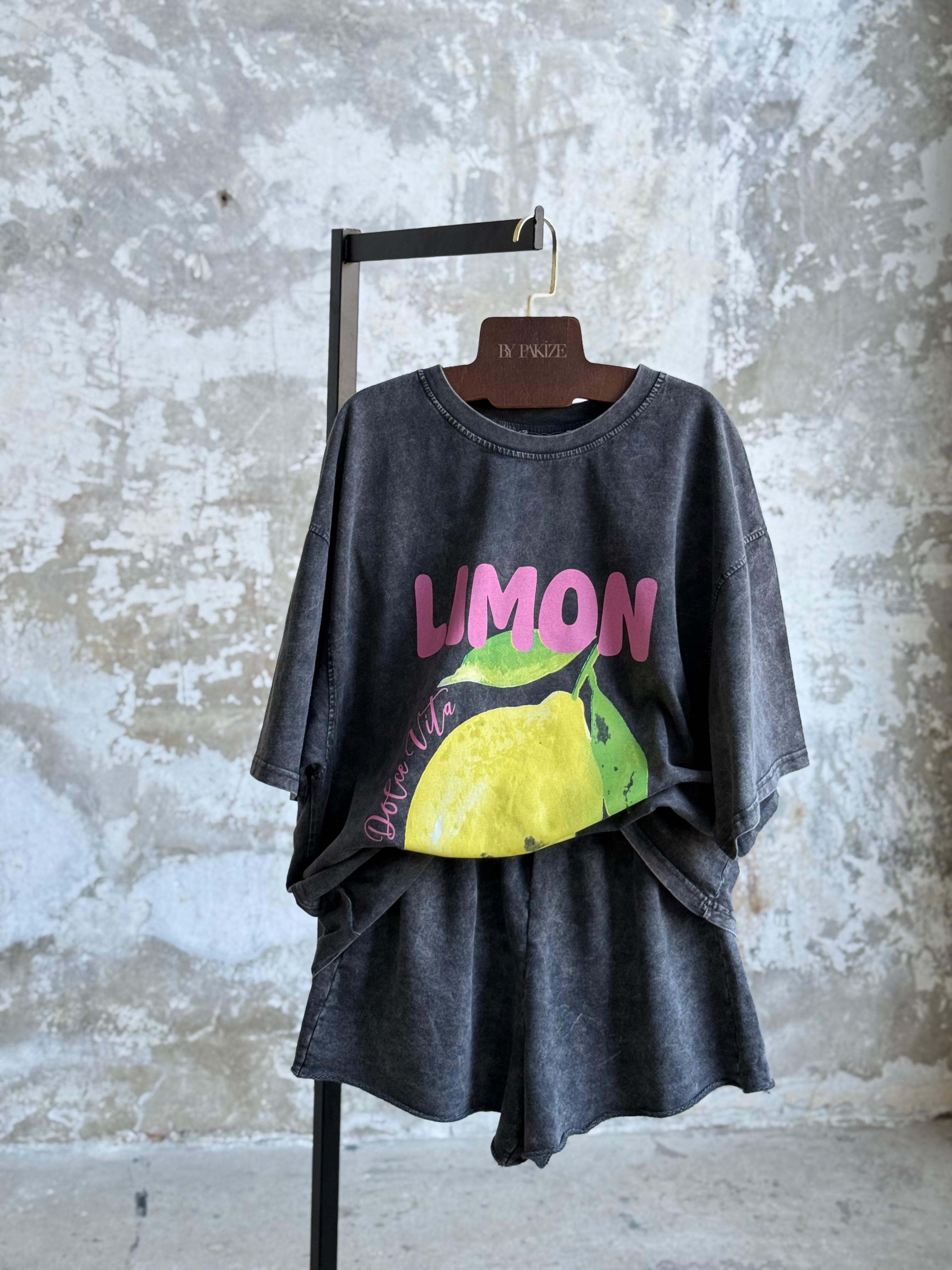 Taş Yıkamalı Oversize Limon Baskılı Dokuma Tişört (Antrasit)