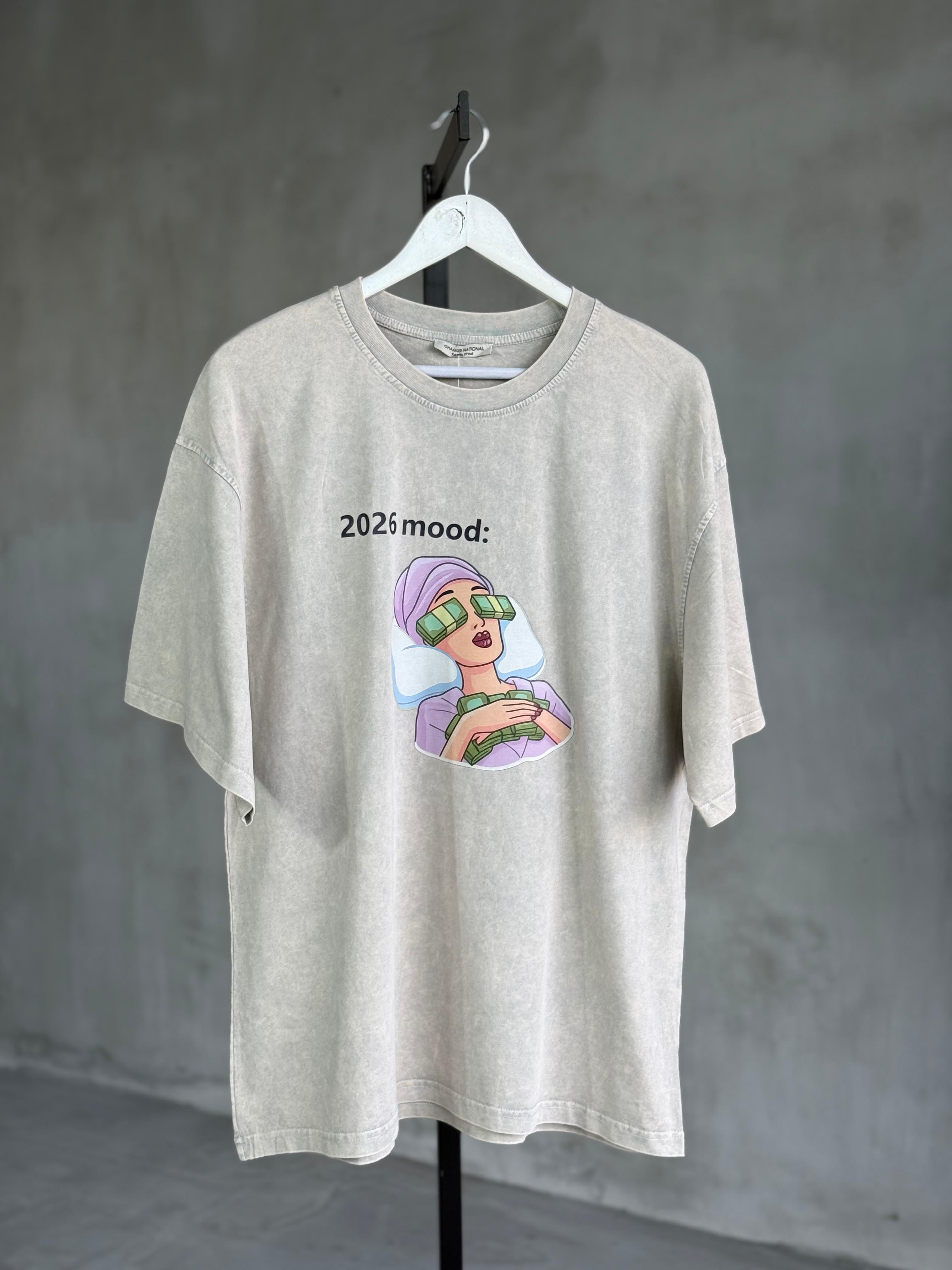 Taş Yıkamalı Oversize Yazı Baskılı Dokuma Tişört (Taş)