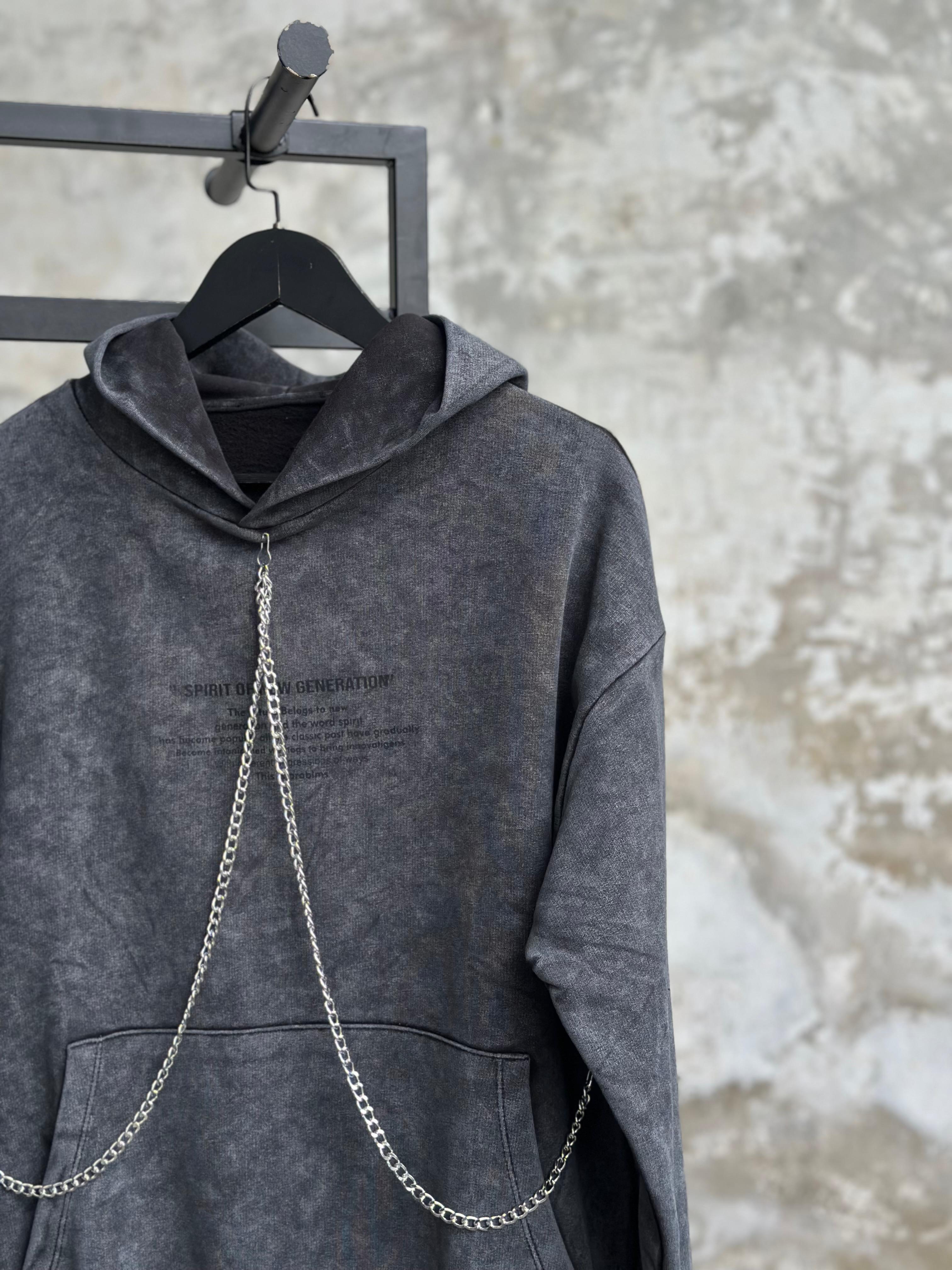 Taş Yıkamalı Şerit Zincir İşçilikli Yazı Baskılı Sweat (Antrasit)