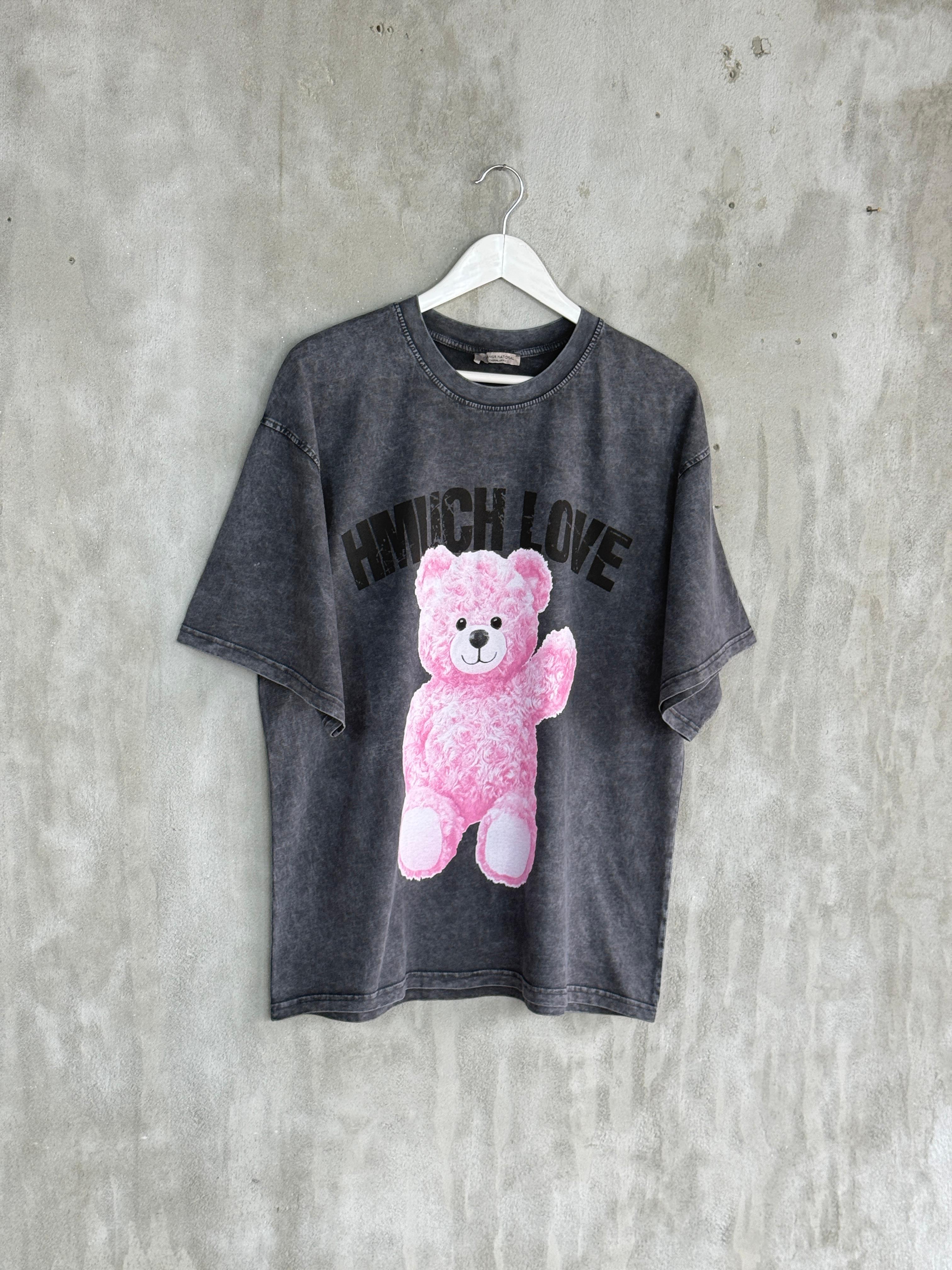 Taş Yıkamalı Teddy Baskılı Oversize Dokuma Tişört (Antrasit)