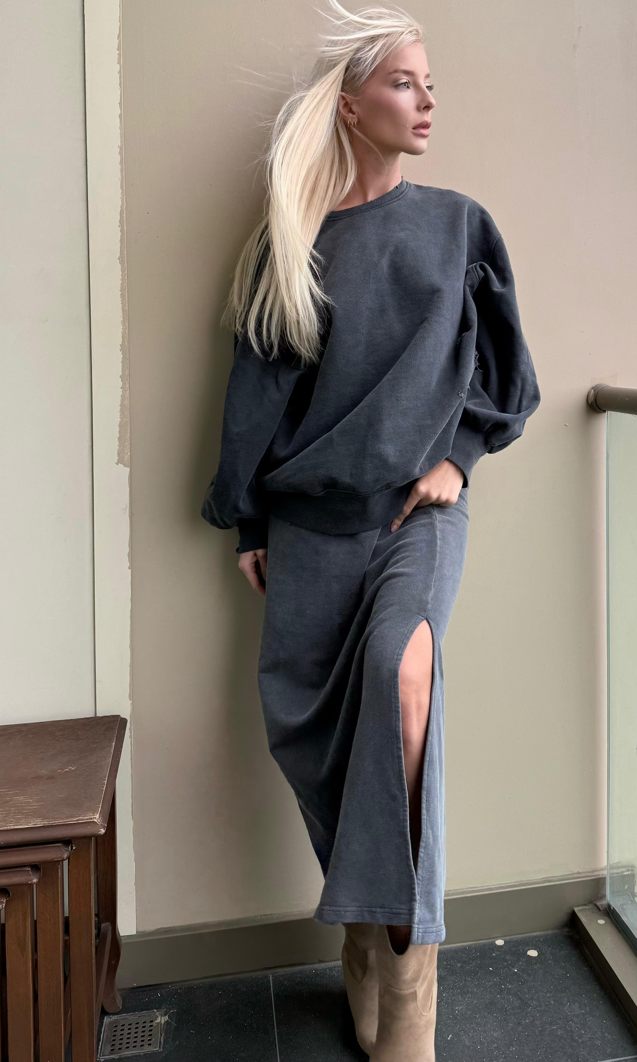 Taş Yıkamalı Yırtık Detaylı Oversize Sweat (Antrasit)