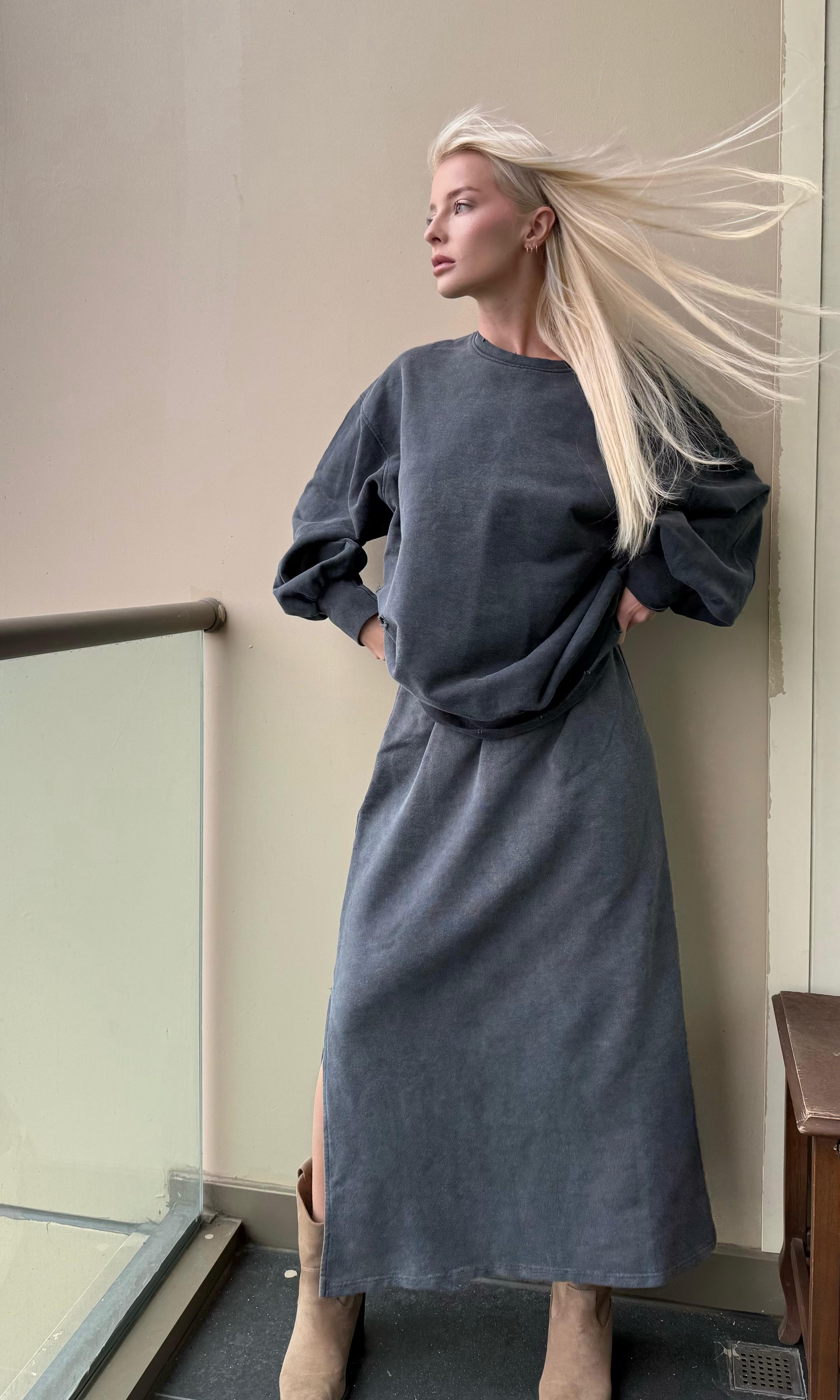 Taş Yıkamalı Yırtık Detaylı Oversize Sweat (Antrasit)