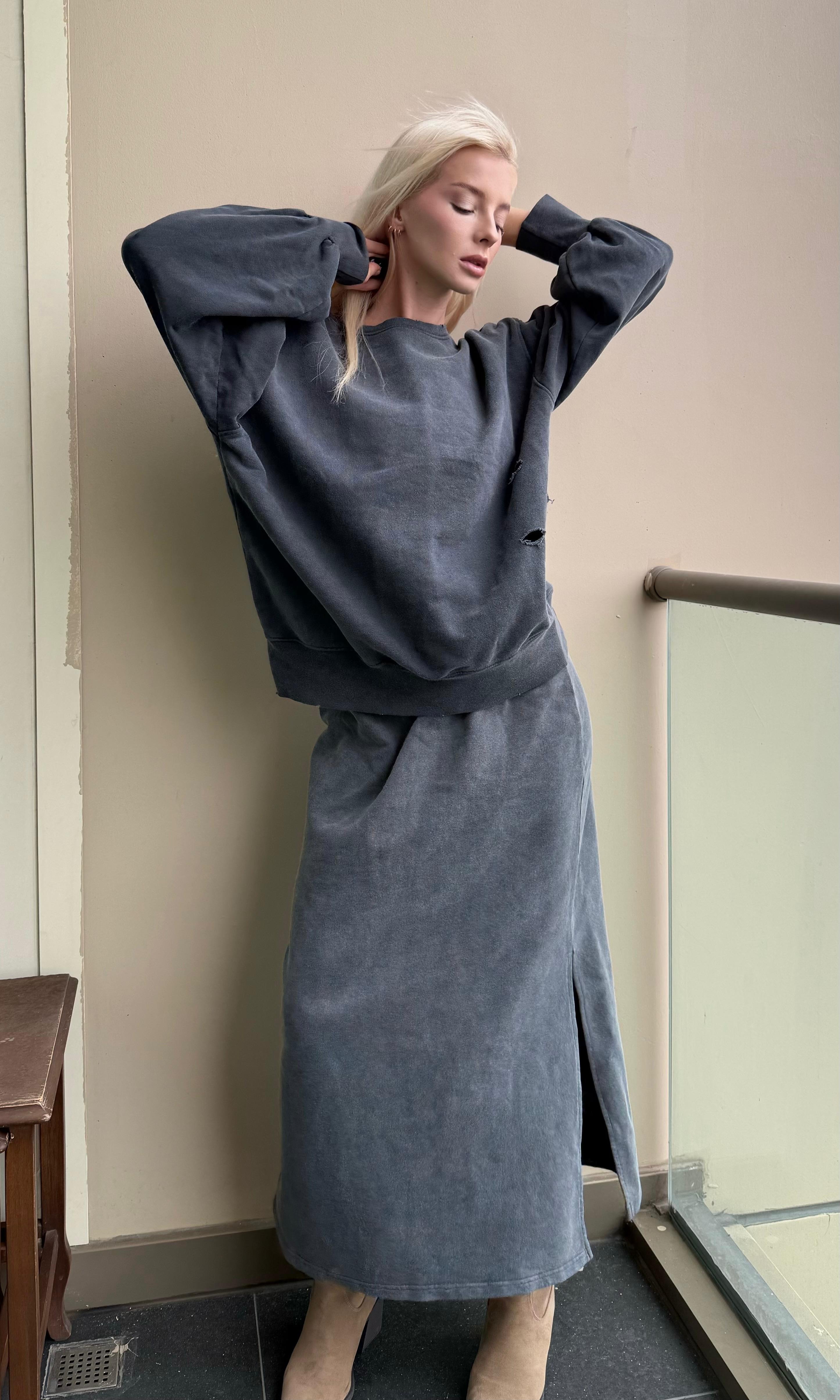 Taş Yıkamalı Yırtık Detaylı Oversize Sweat (Antrasit)