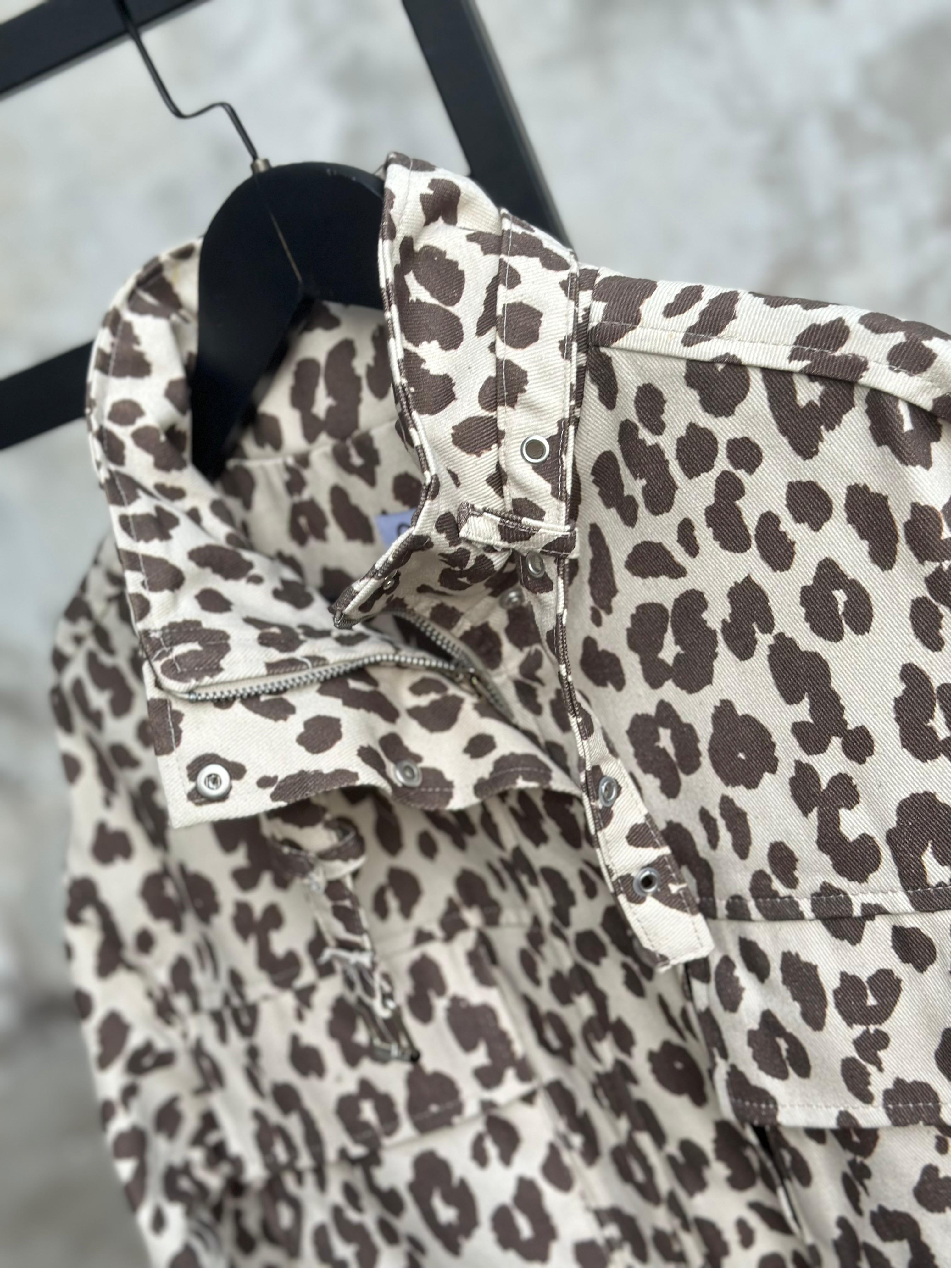 Tasarım Belden Büzgü Detaylı Leopar Desen Kot Ceket 