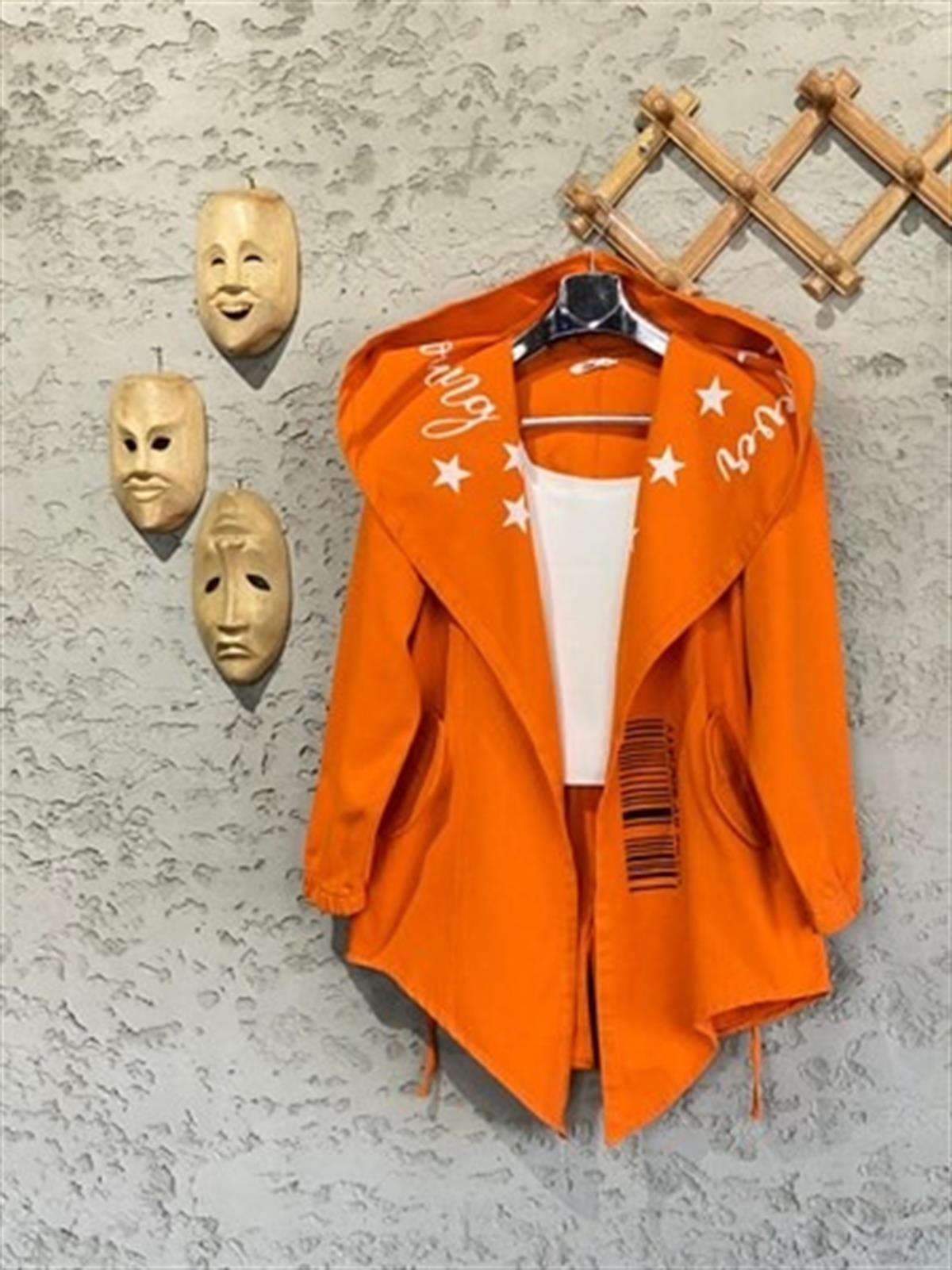 Tasarım Belden Lastikli Gabardin Dokulu Ceket (Oranj)